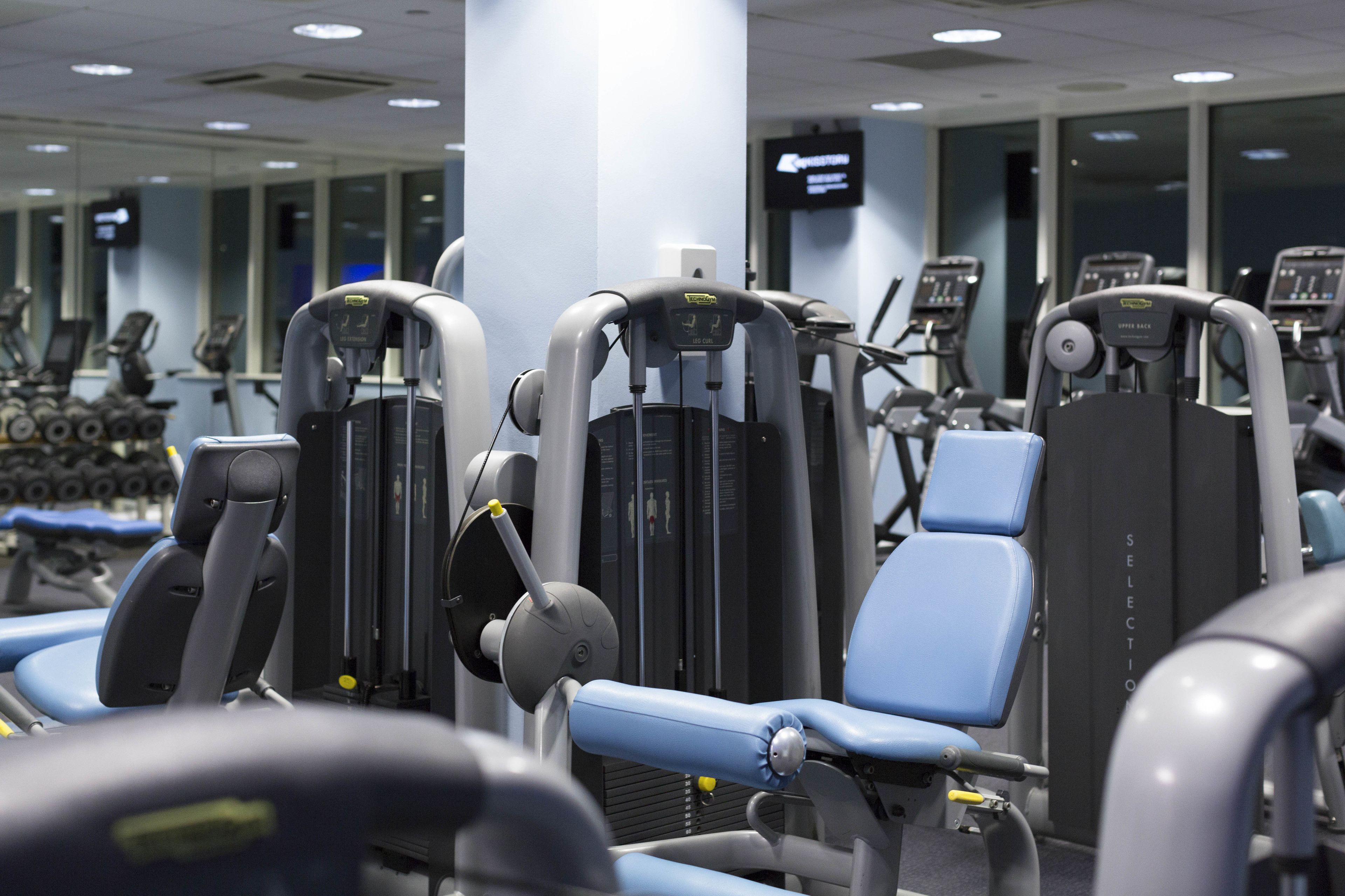 A gym with various exercise machines, including treadmills and weight machines, arranged in rows.