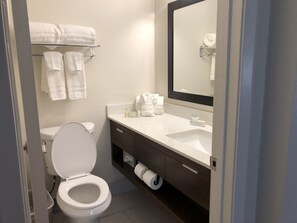 Combined shower/bathtub, free toiletries, hair dryer, towels