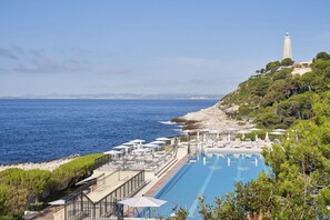Indoor pool, outdoor pool, open 8:00 AM to 7:00 PM, pool umbrellas