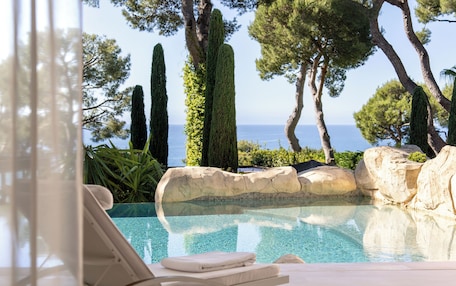 A pool with clear water, surrounded by rocks and trees, with a view of the sea.