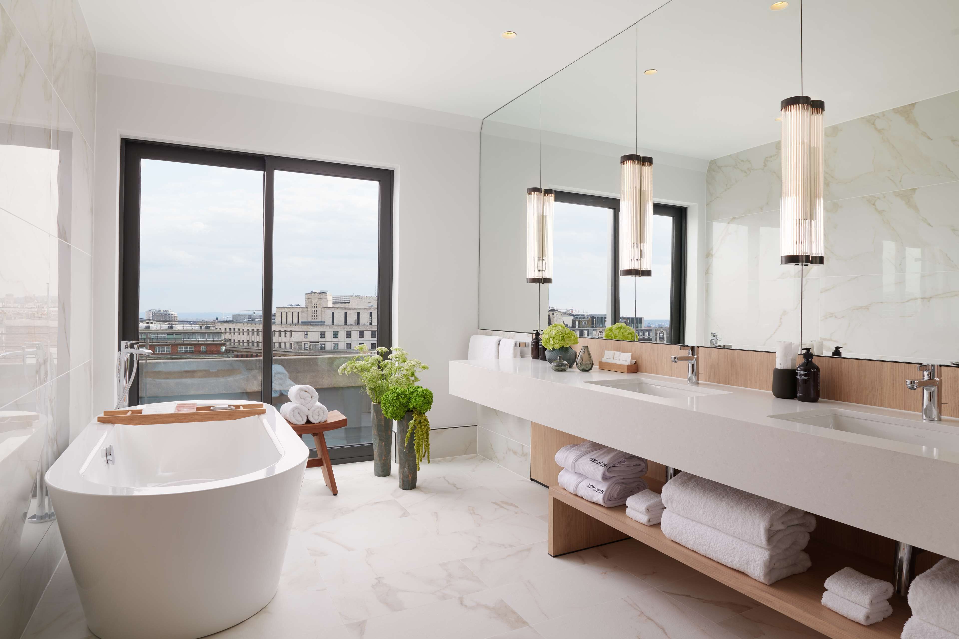 nobu penthouse | bathroom | shower, rainfall showerhead, designer toiletries, hair dryer