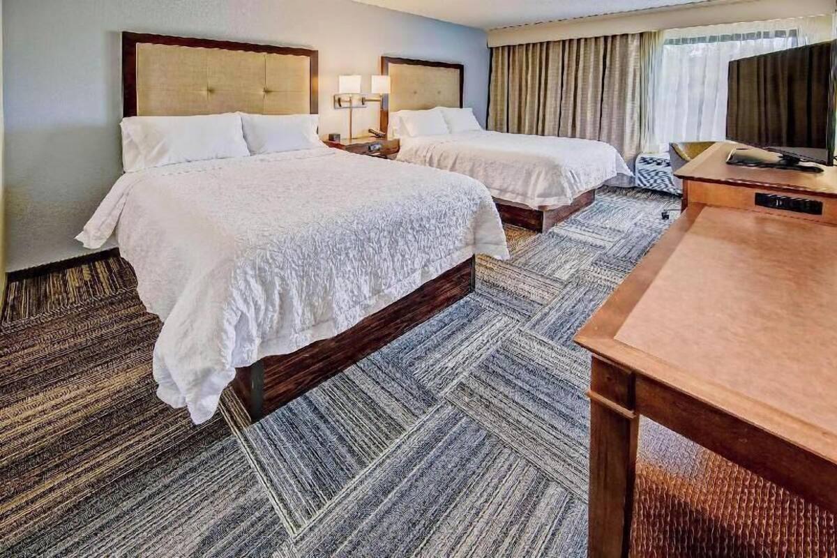 A hotel room with two beds, a television, a desk, and a patterned carpet.