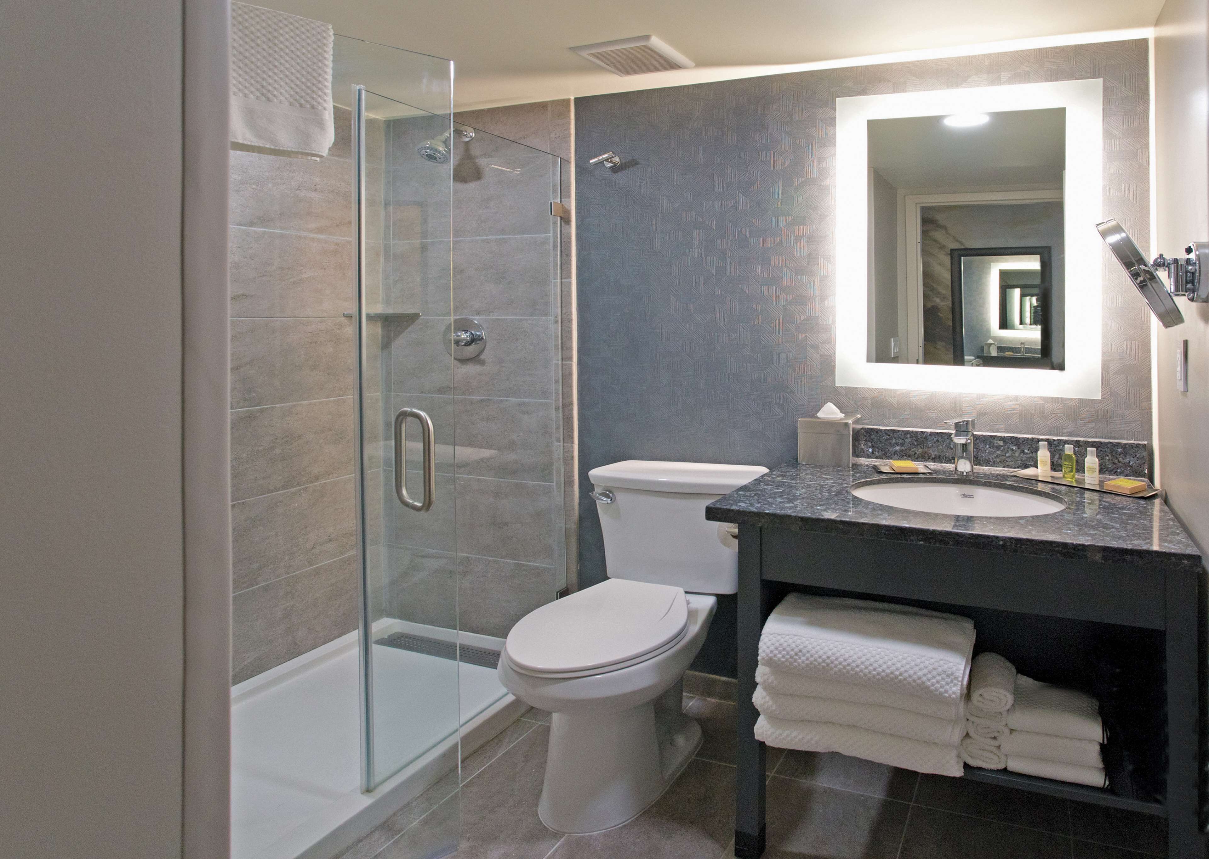 Une salle de bain moderne avec une douche à parois de verre, des toilettes et un lavabo surmonté d’un miroir.