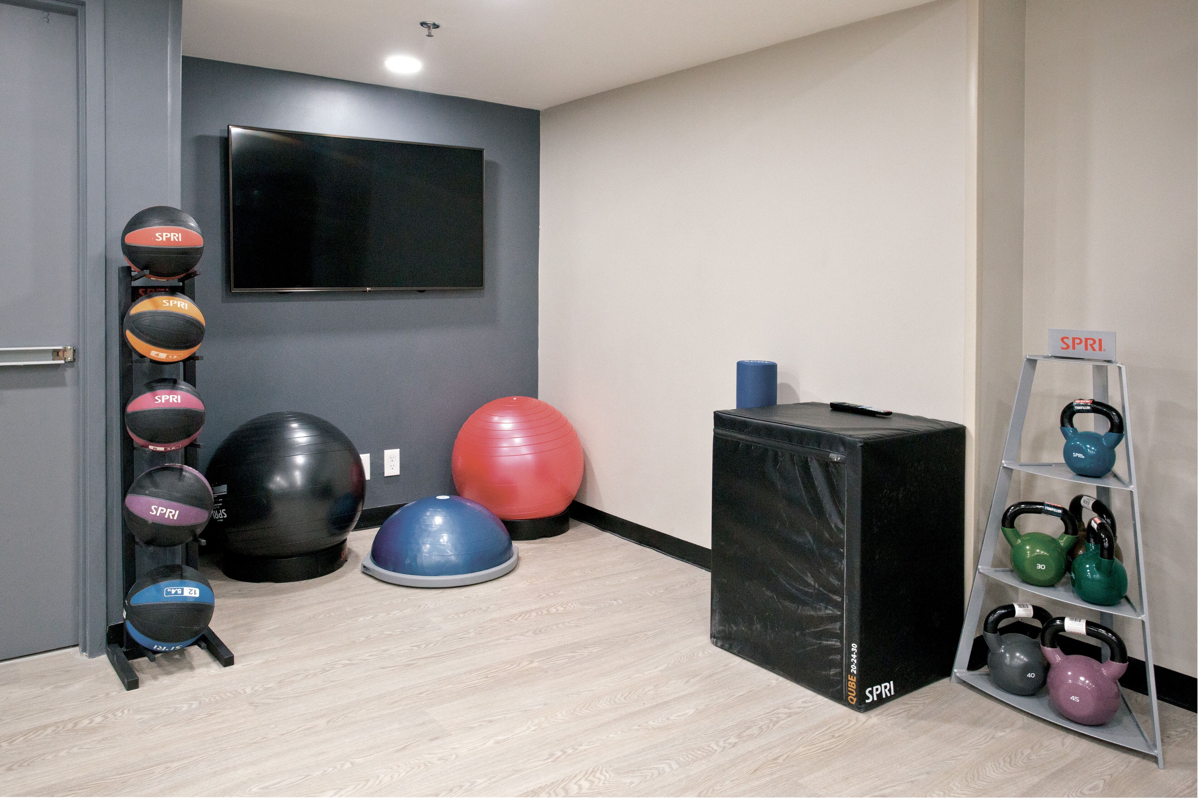 A gym with exercise equipment, a television, and a kettlebell rack.