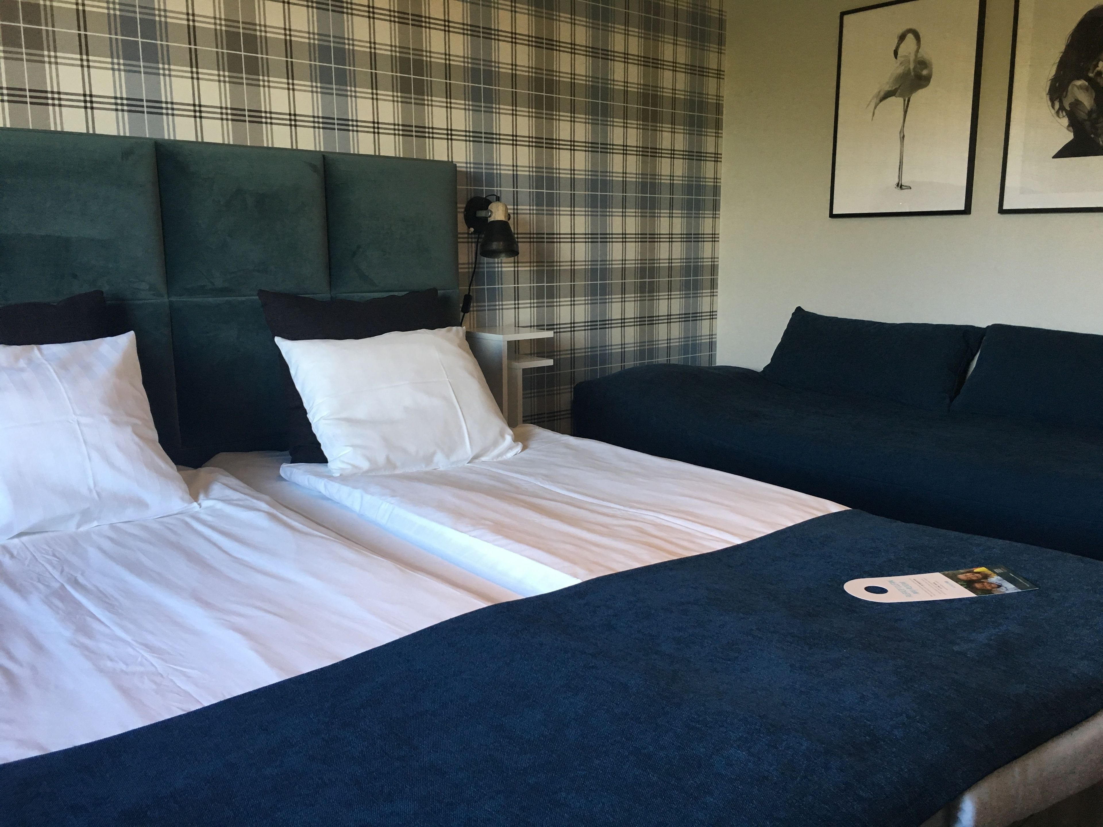 A hotel room with a bed, a sofa, a nightstand with a lamp, and a wall with a plaid pattern.