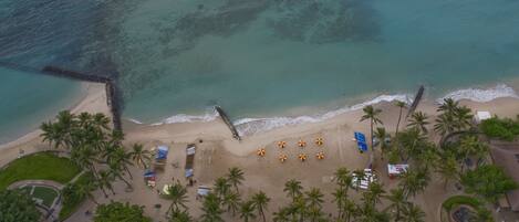 Vista aérea de una playa con palmeras, un muelle y sombrillas.