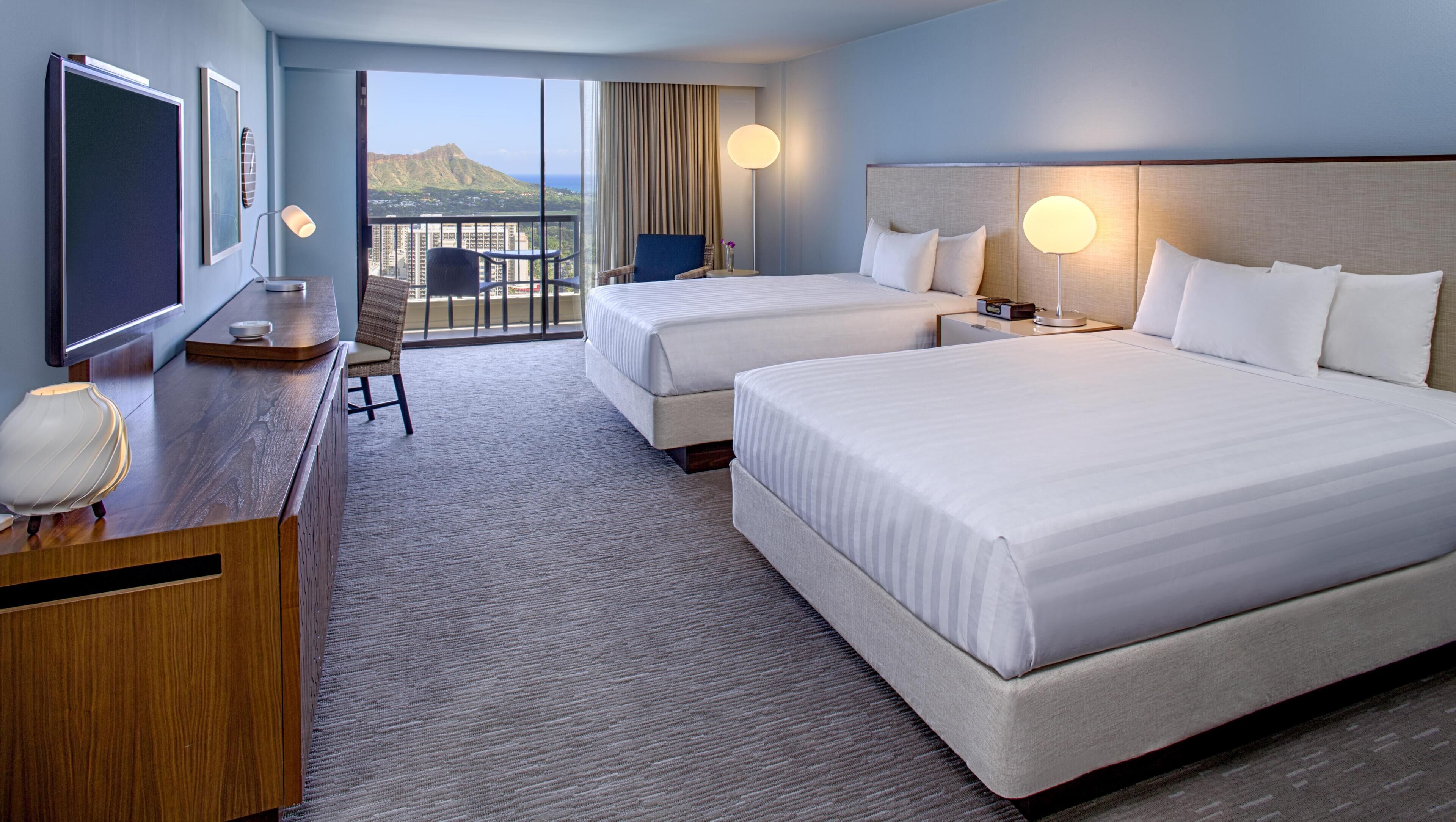 Room, 2 Queen Beds, Oceanfront (Diamond Head) | Premium bedding, in-room safe, desk, laptop workspace