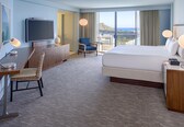 A hotel room with a large bed, a desk with a chair, a TV, and a view of the city.