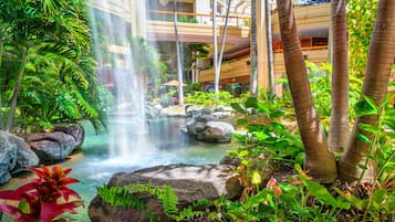 A hotel atrium with a waterfall, indoor plants, and a view of the building's interior.