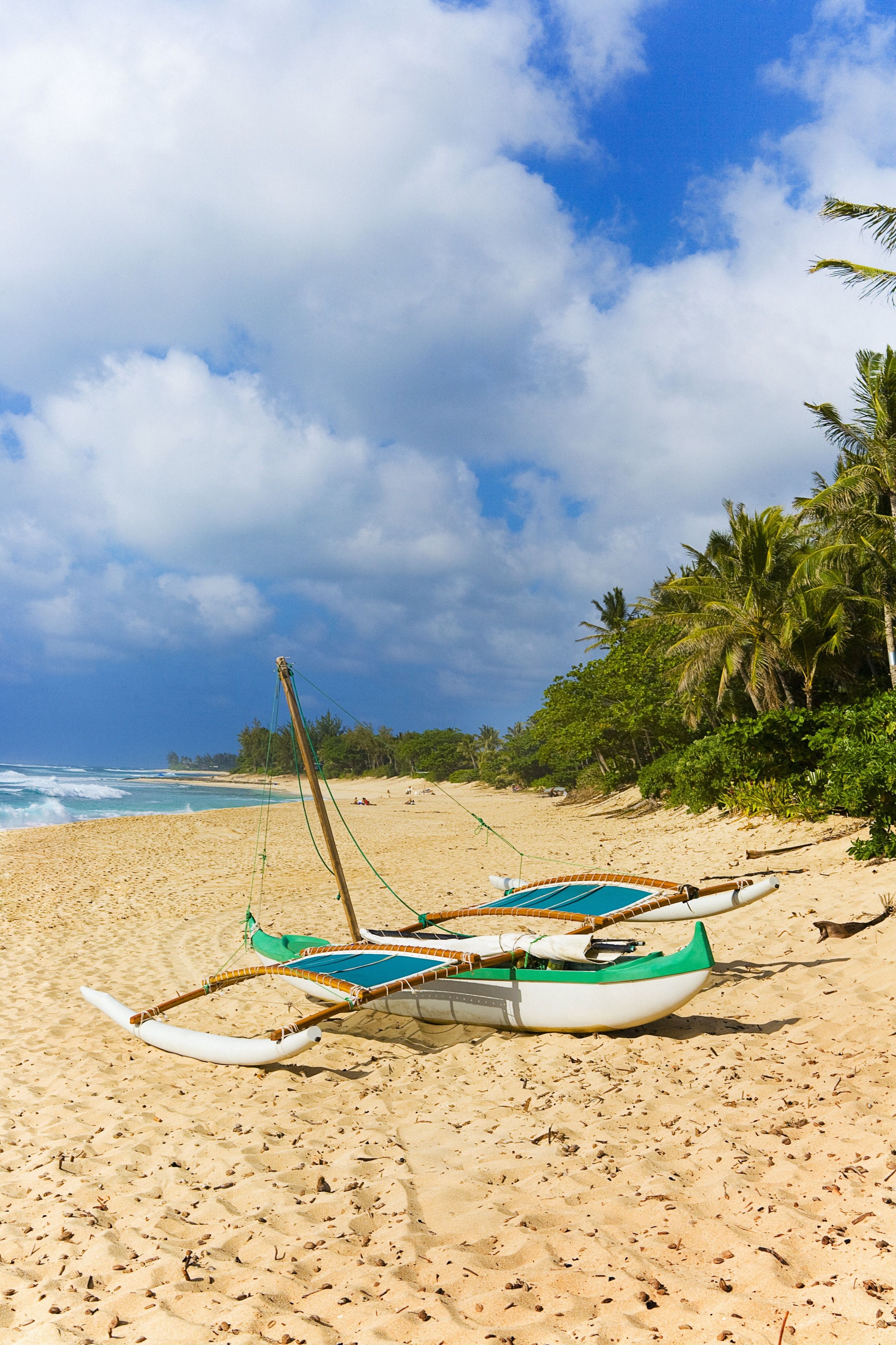 Une plage avec deux bateaux sur le sable, des palmiers et l’océan en arrière-plan.