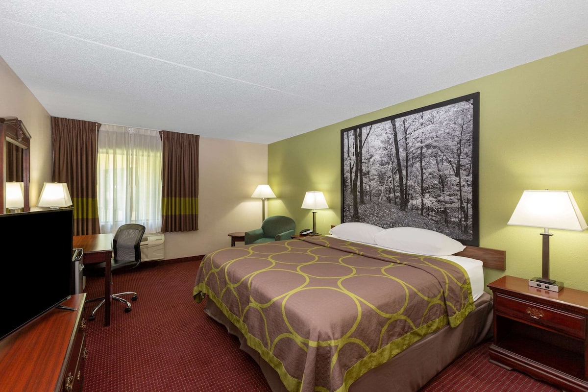 Habitación de hotel con una cama grande, dos mesitas de noche con lámparas, un escritorio con silla, un televisor y un cuadro grande en la pared.