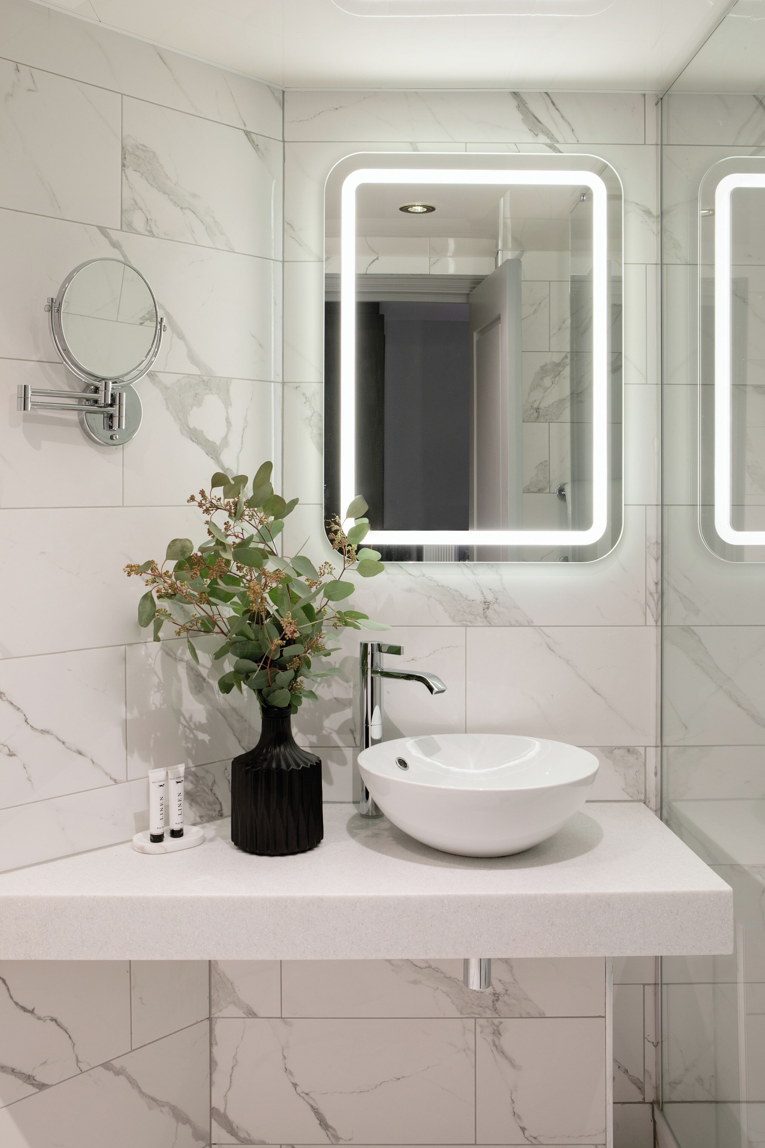 shower, rainfall showerhead, designer toiletries, hair dryer