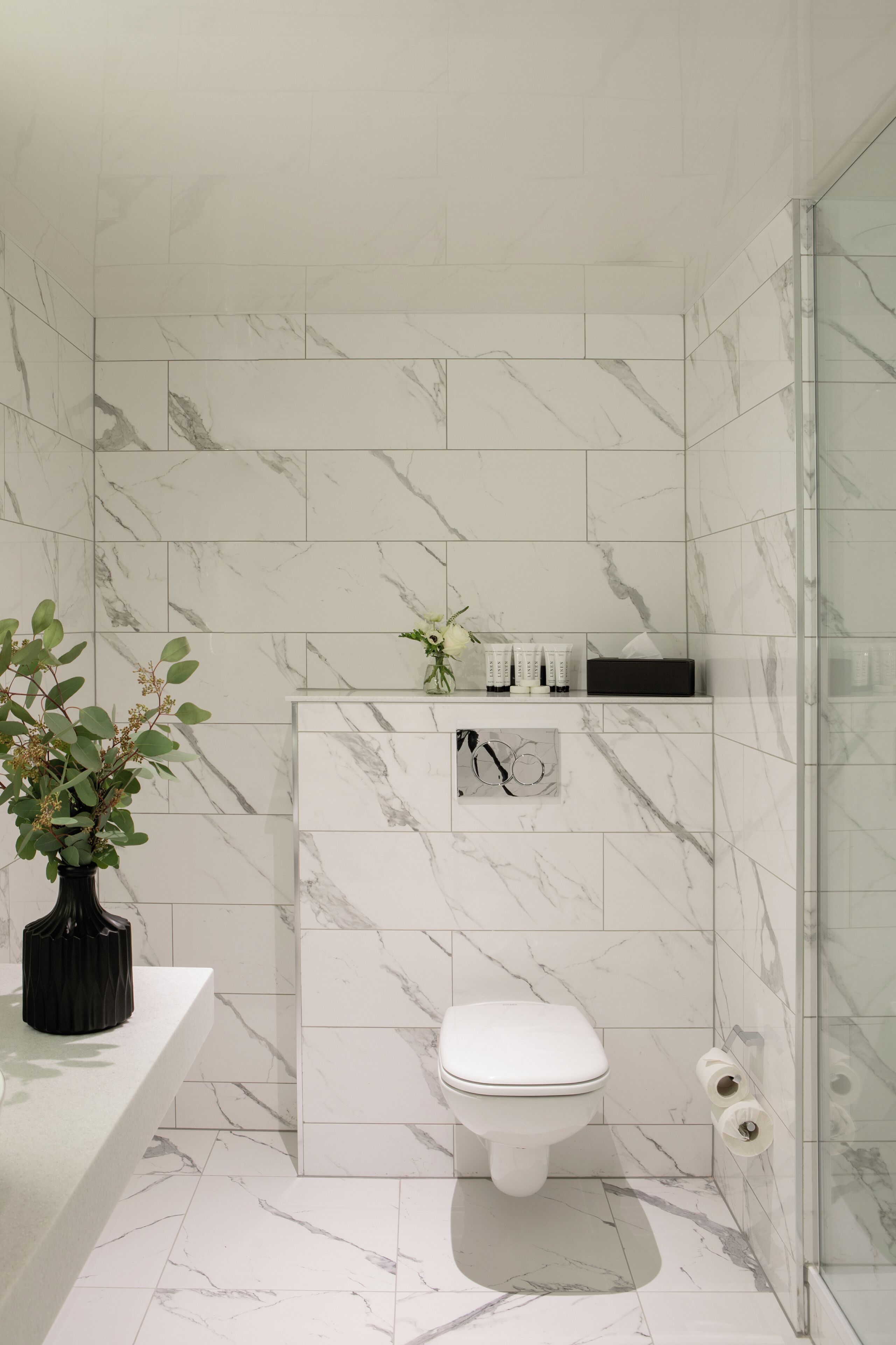 shower, rainfall showerhead, designer toiletries, hair dryer