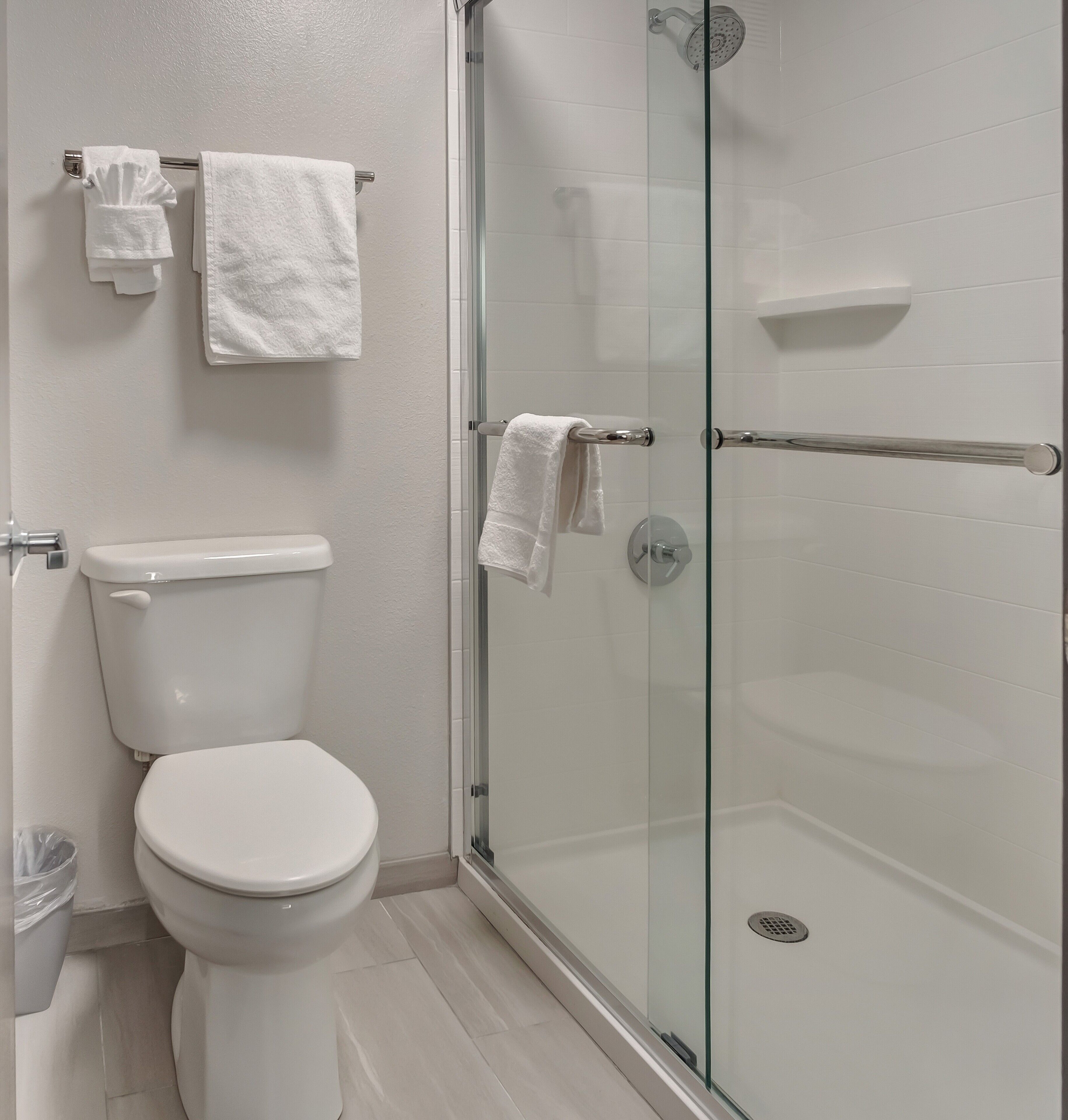A modern bathroom with a glass-enclosed shower, a toilet, and two towel racks.