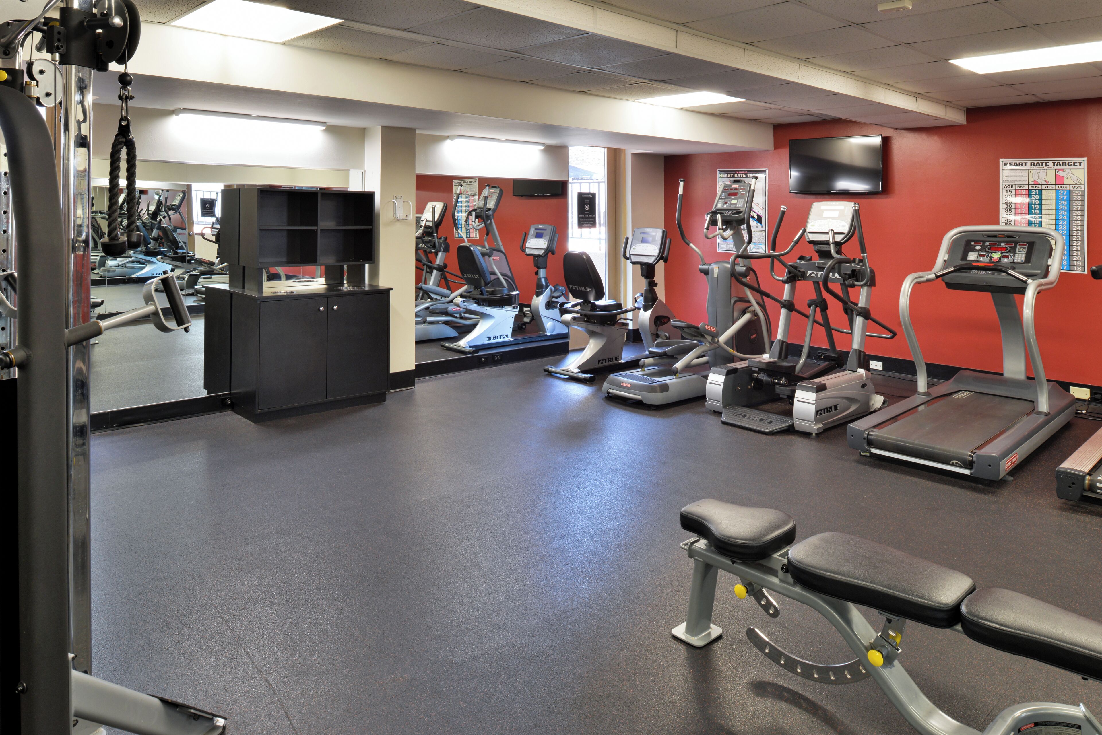 A gym with cardio machines, weightlifting equipment, and a mirrored wall.