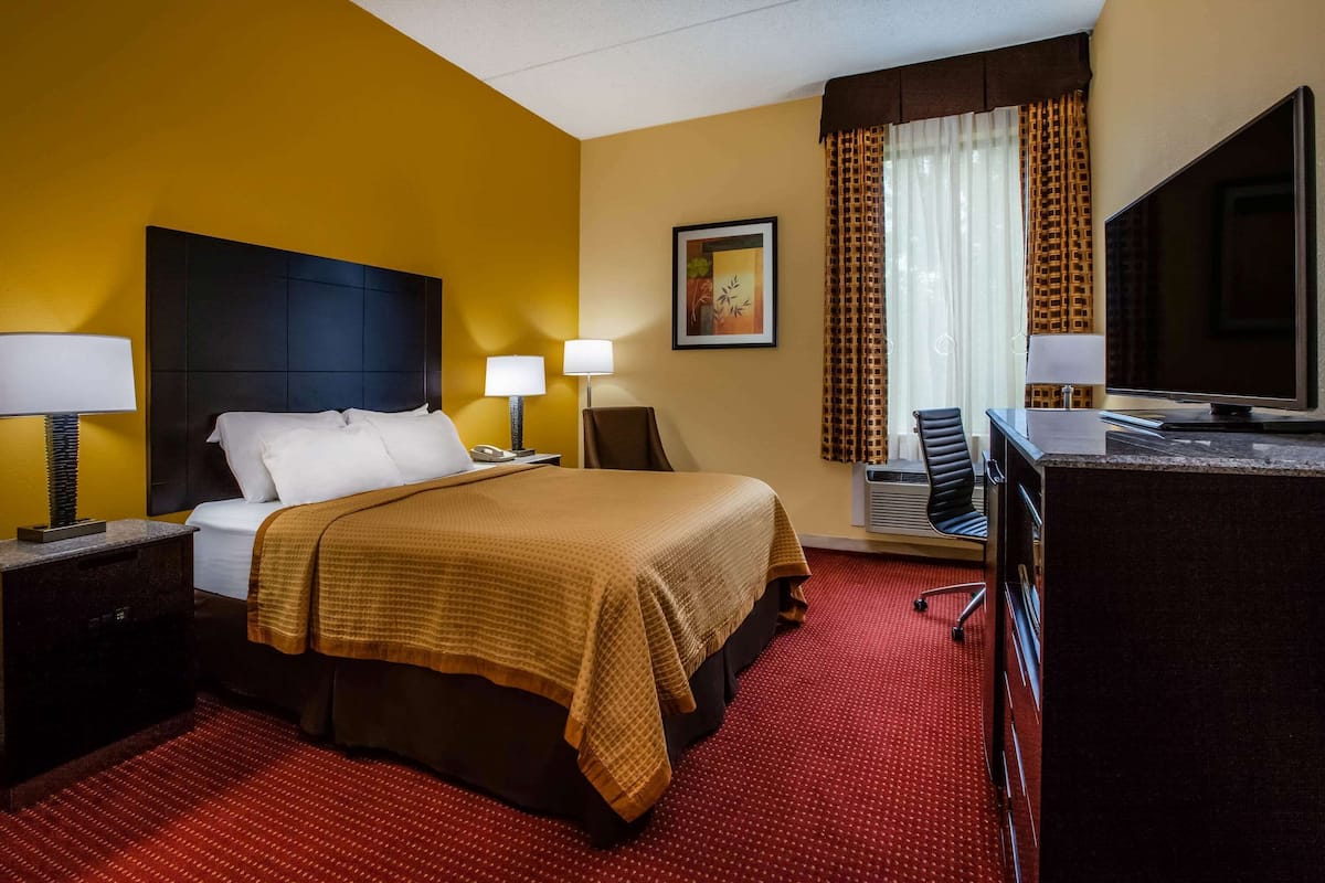 Une chambre d’hôtel comprenant un lit, deux tables de chevet avec des lampes, un bureau avec une chaise, une télévision et une fenêtre avec des rideaux.