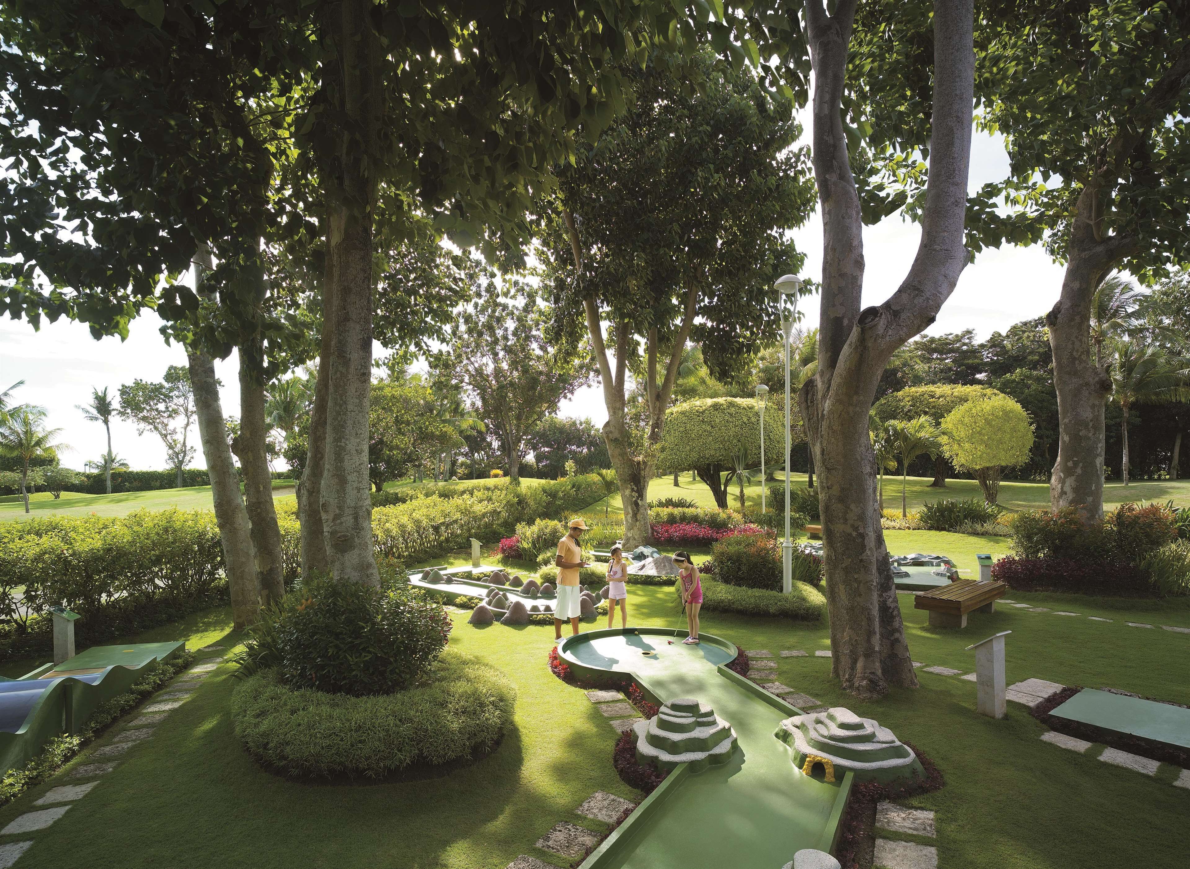 Un campo de mini golf rodeado de abundante vegetación y árboles.