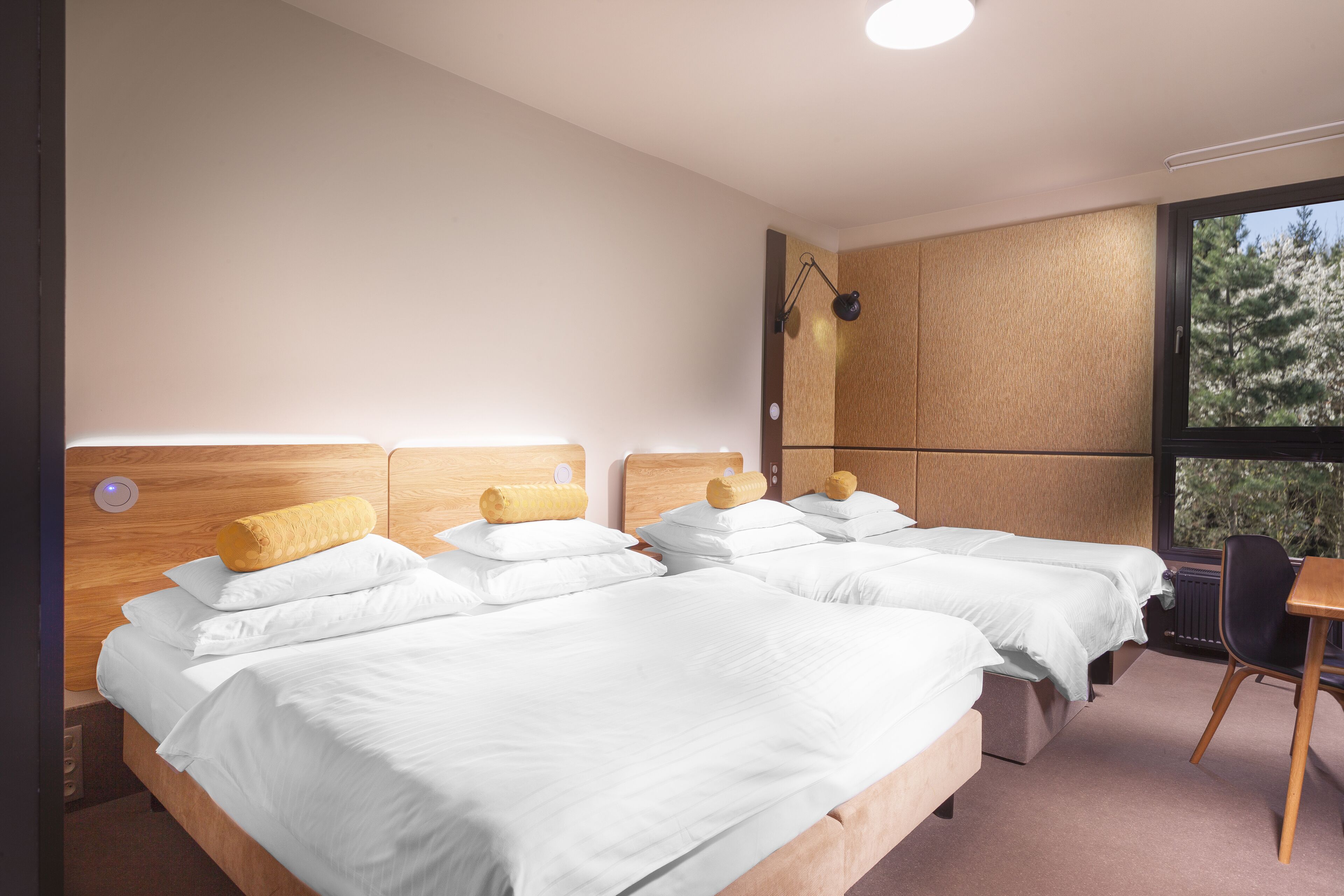Habitación de hotel con dos camas, un cabecero de madera, una mesita y vistas a los árboles por la ventana.