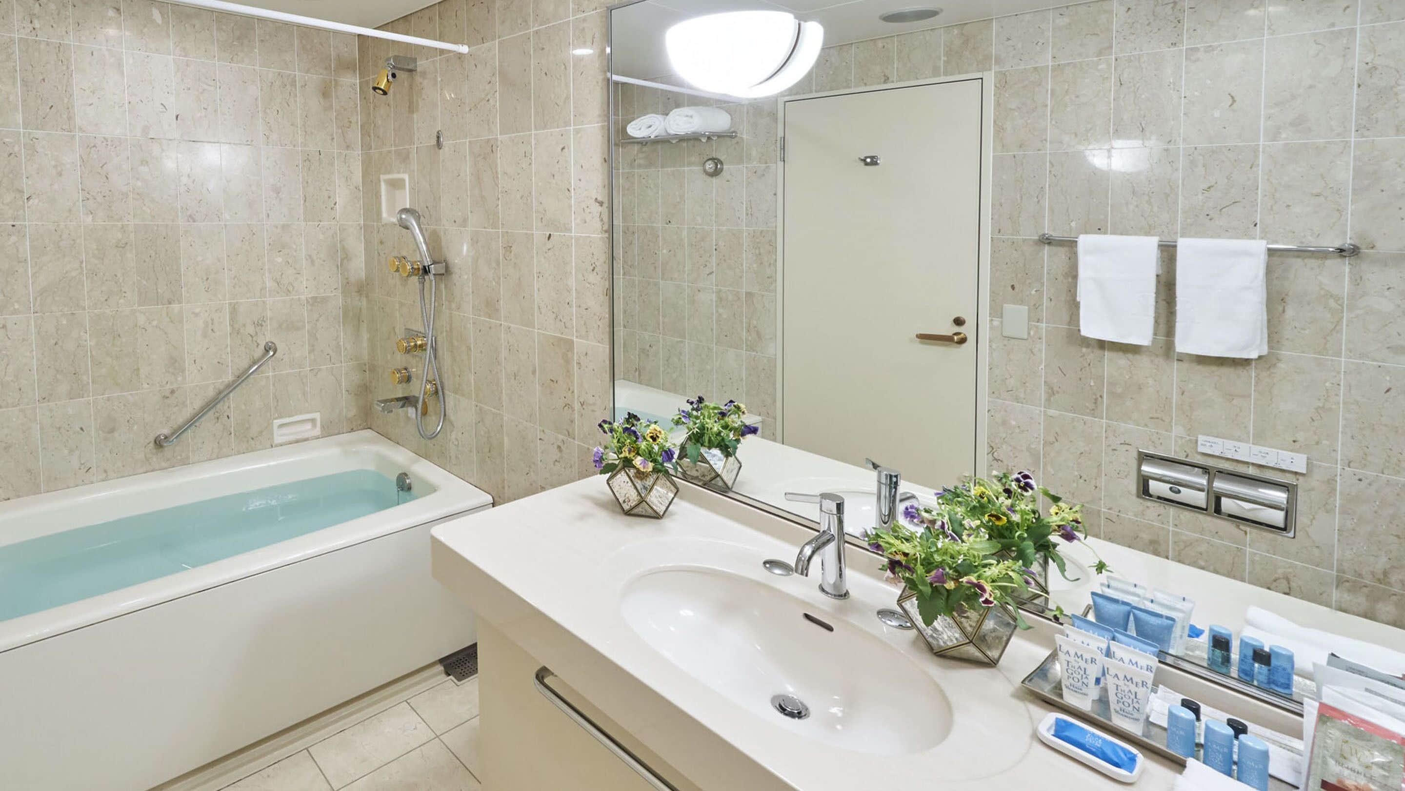 combined shower/bathtub, free toiletries, hair dryer, bathrobes