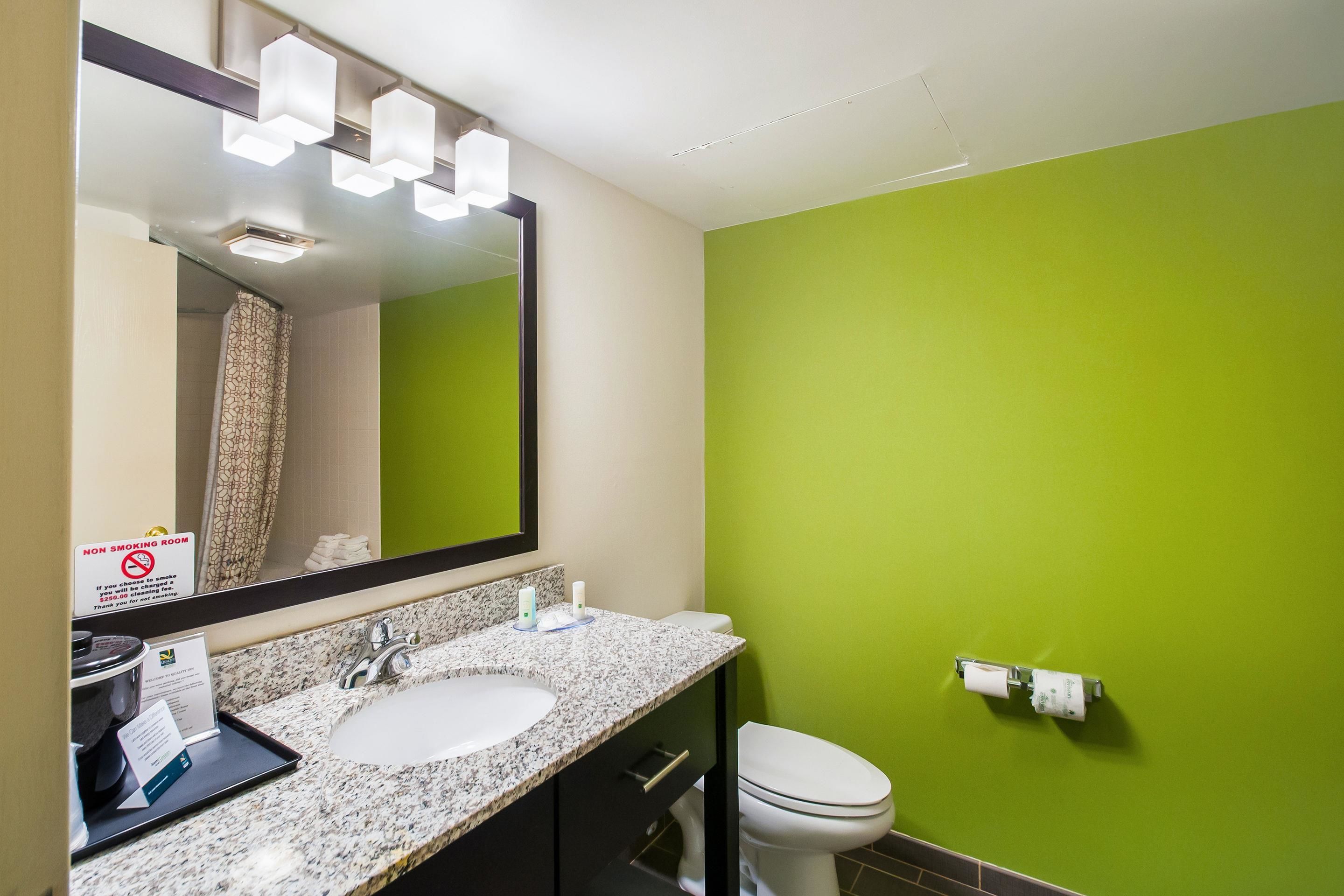 A bathroom with a granite countertop, a white sink, a mirror, a green wall, and a toilet.