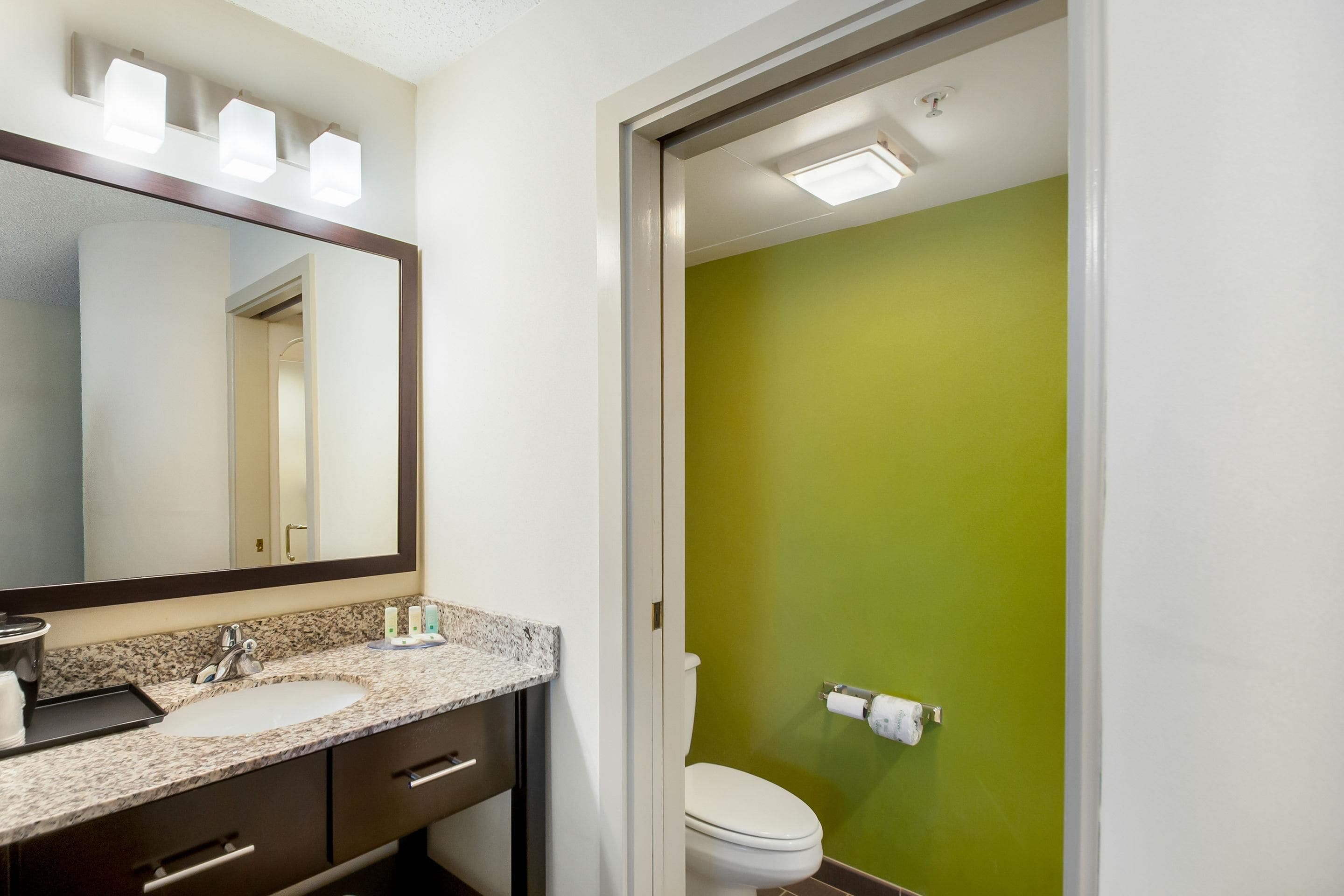 Une salle de bain avec un lavabo en granit, un miroir et des toilettes.
