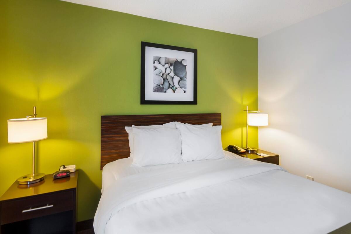 A hotel room with a bed, two bedside tables with lamps, a framed picture on the wall, and a green accent wall.