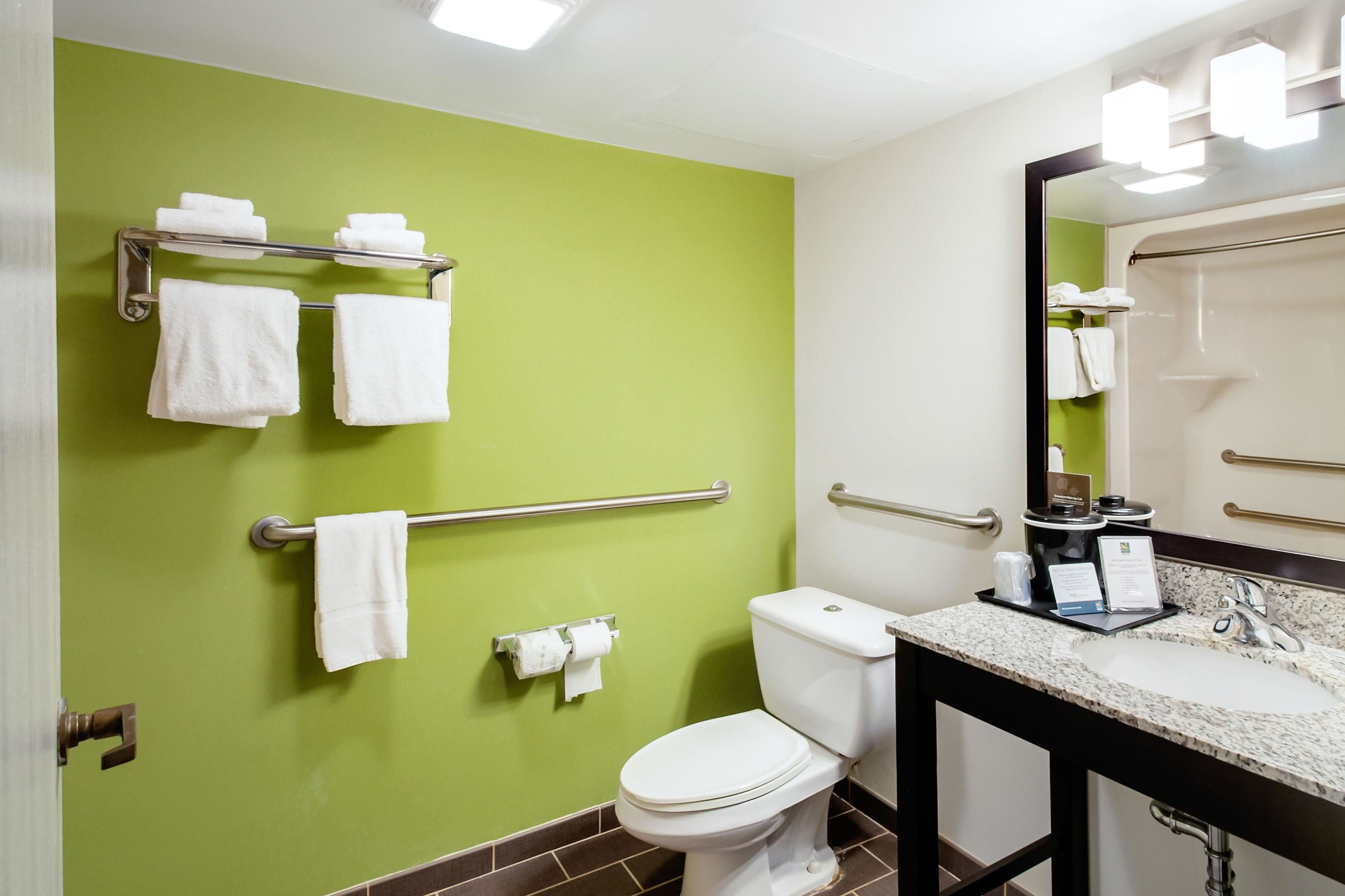 A bathroom with a green wall, white toilet, and a sink with a mirror. There are towels on a rack and a handrail.