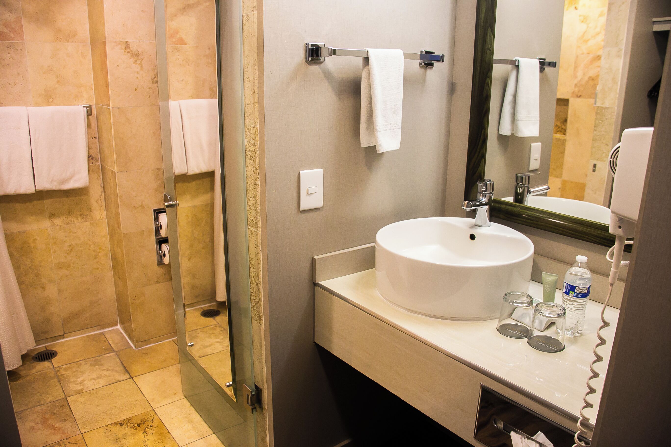 free toiletries, hair dryer, towels