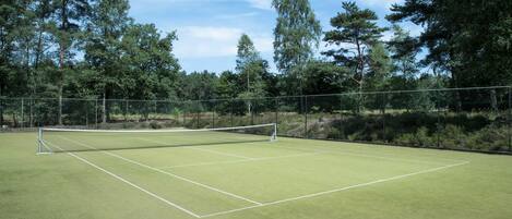 Una cancha de tenis con red, rodeada de árboles y una valla.