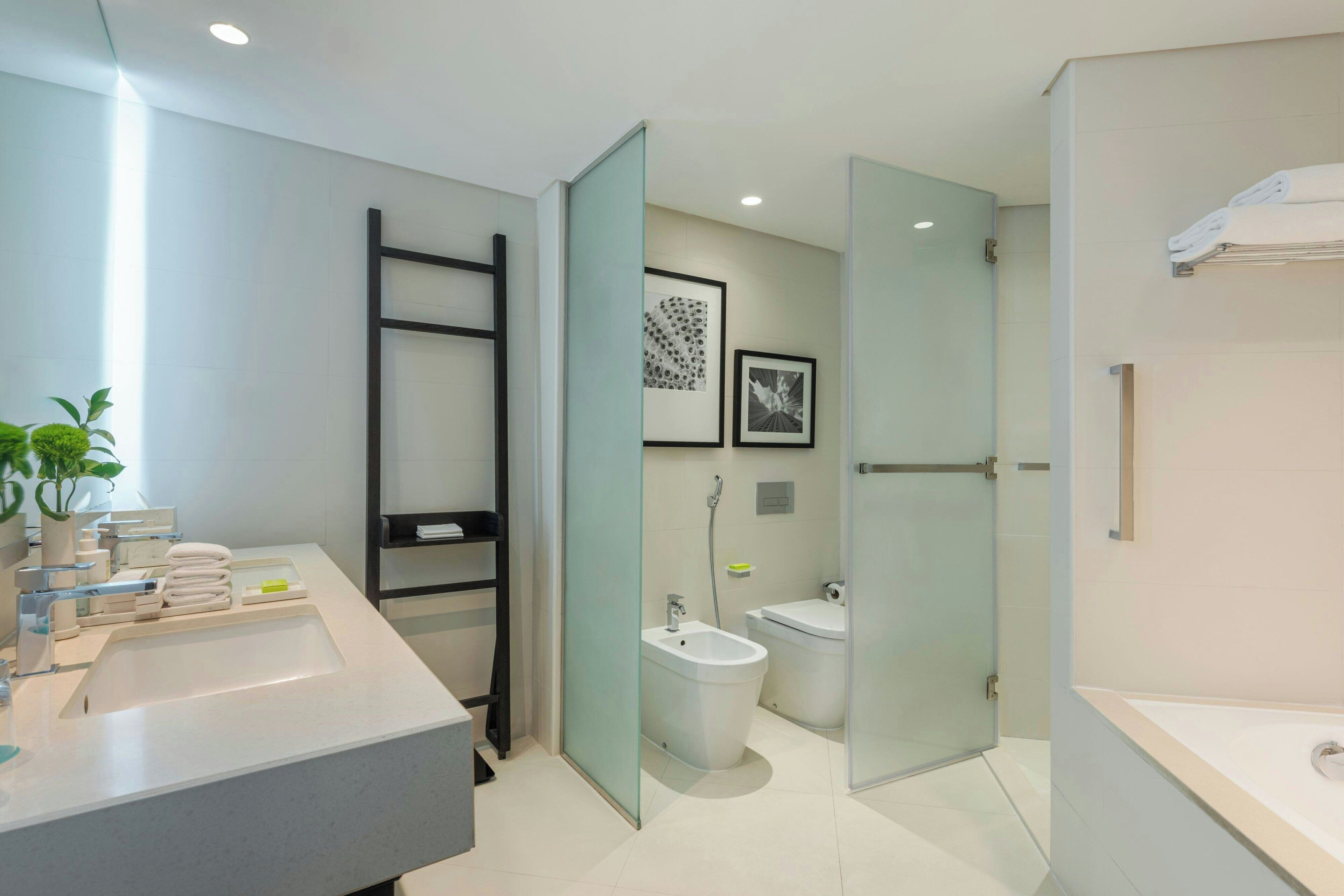 A modern bathroom with a large sink, a bidet, and a glass shower enclosure.
