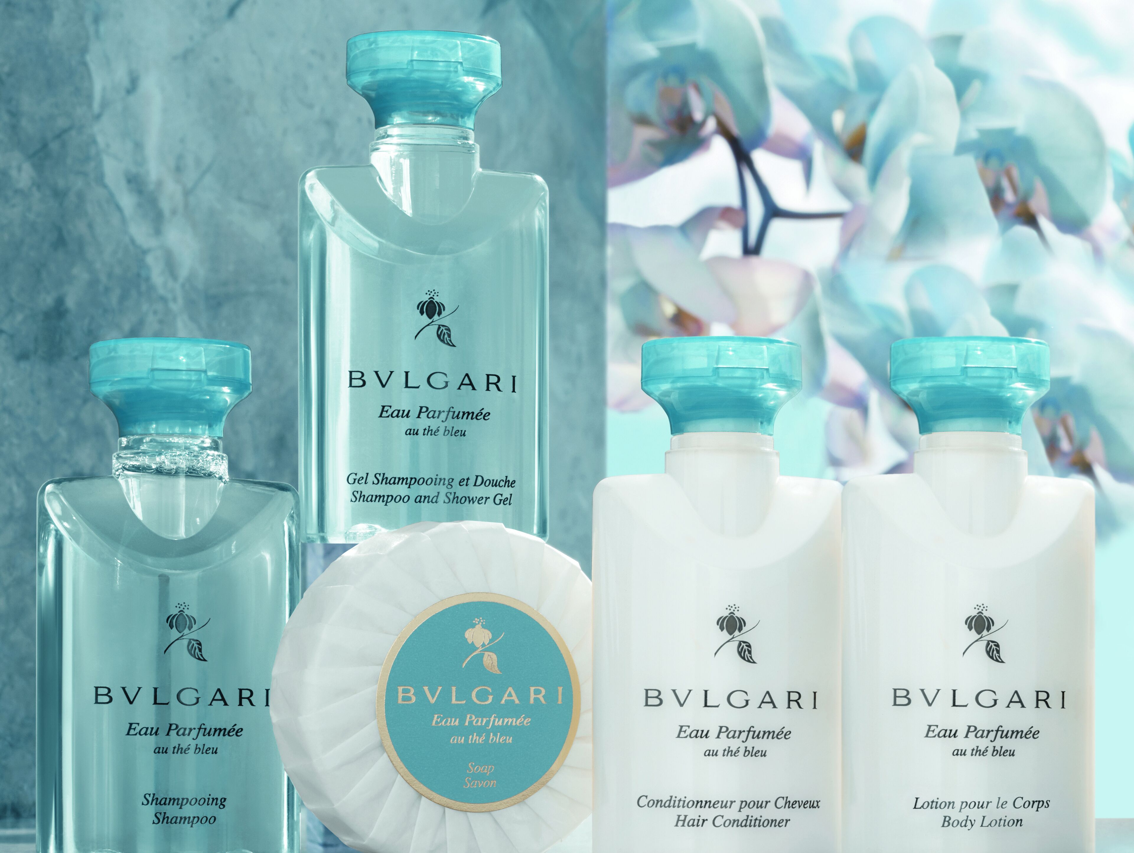 Three bottles of Bvlgari Eau de Parfum, one bottle of Bvlgari Shampoo, and one Bvlgari Soap.