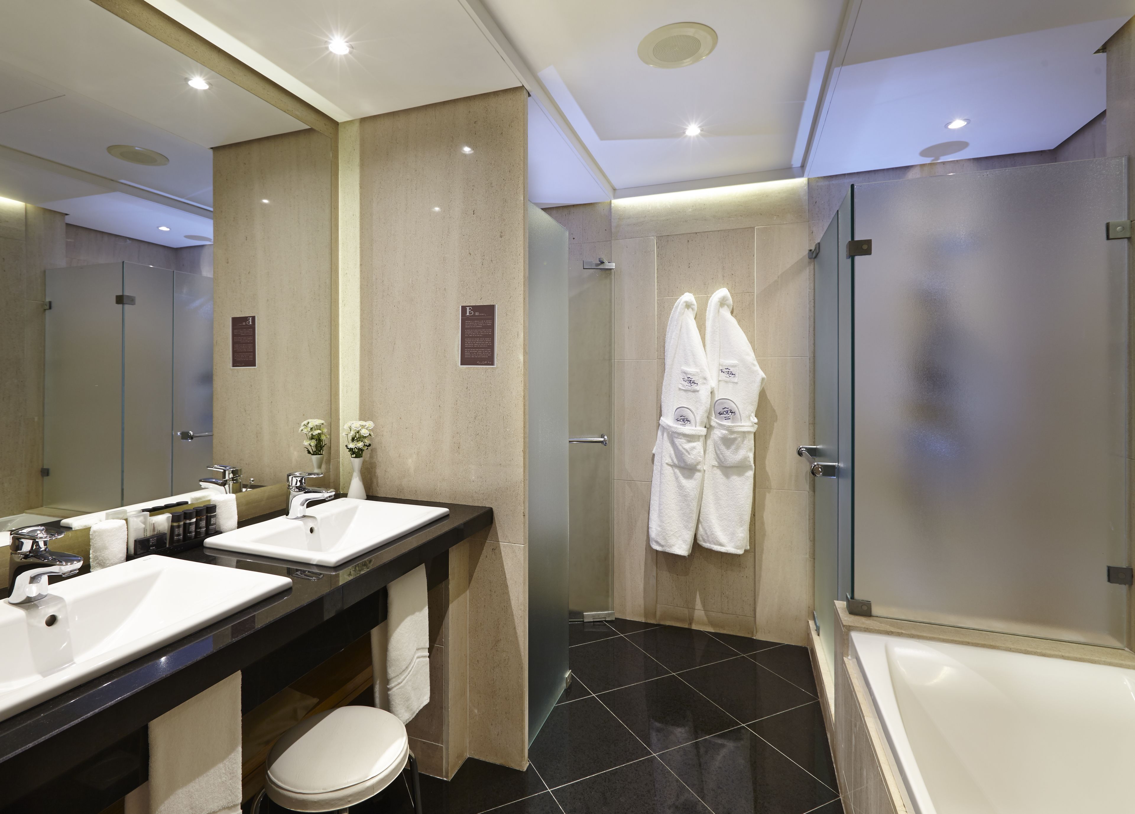 separate bathtub and shower, free toiletries, hair dryer, bathrobes