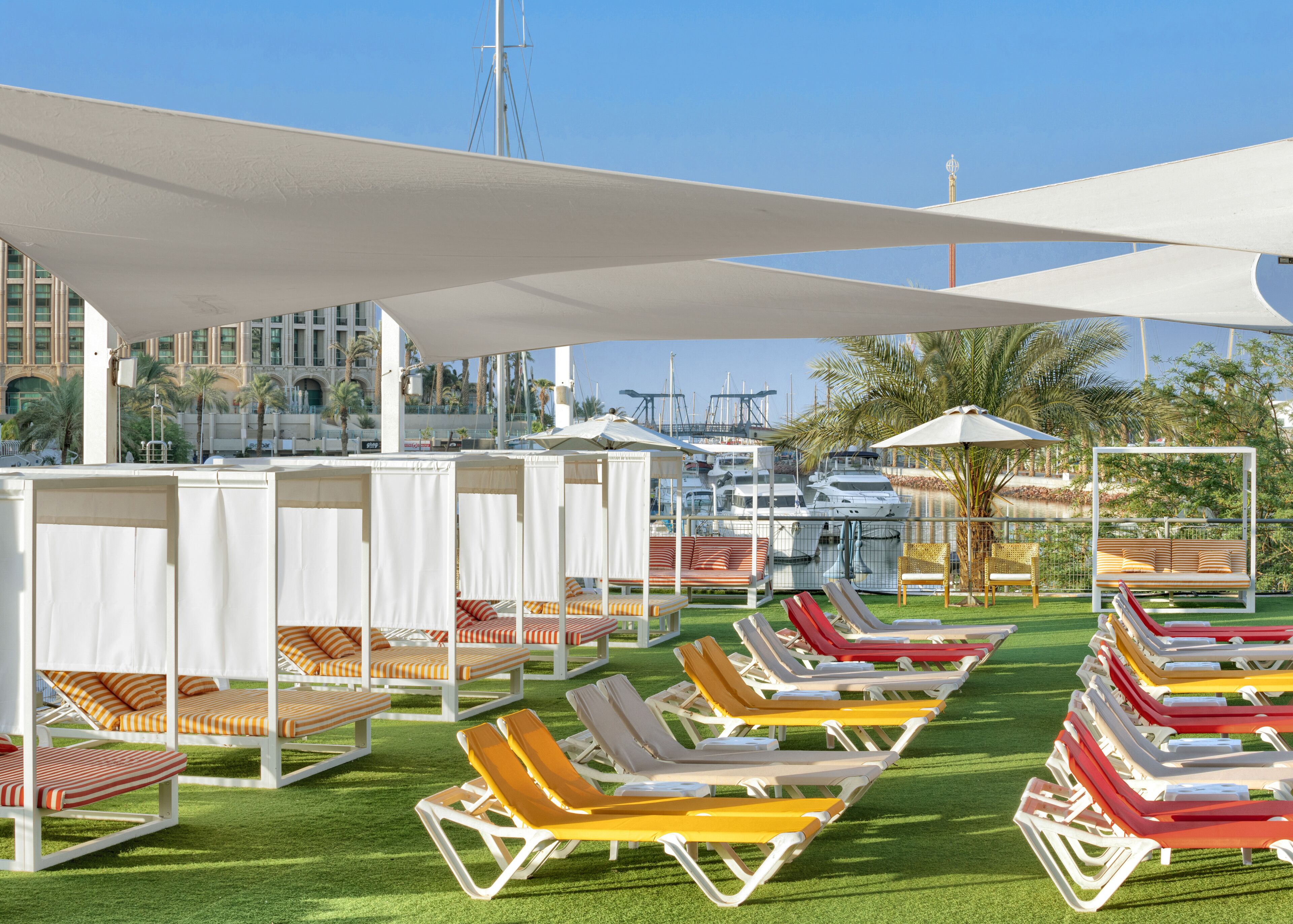 outdoor pool, pool loungers