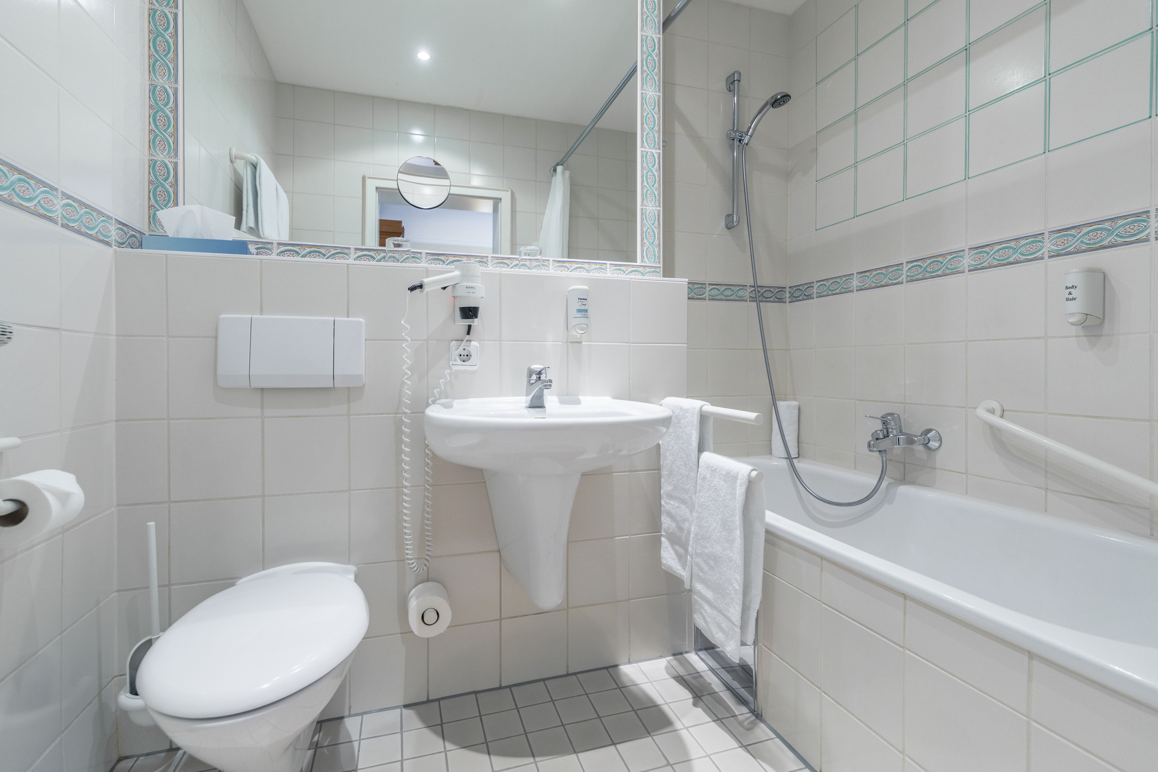 free toiletries, hair dryer, towels