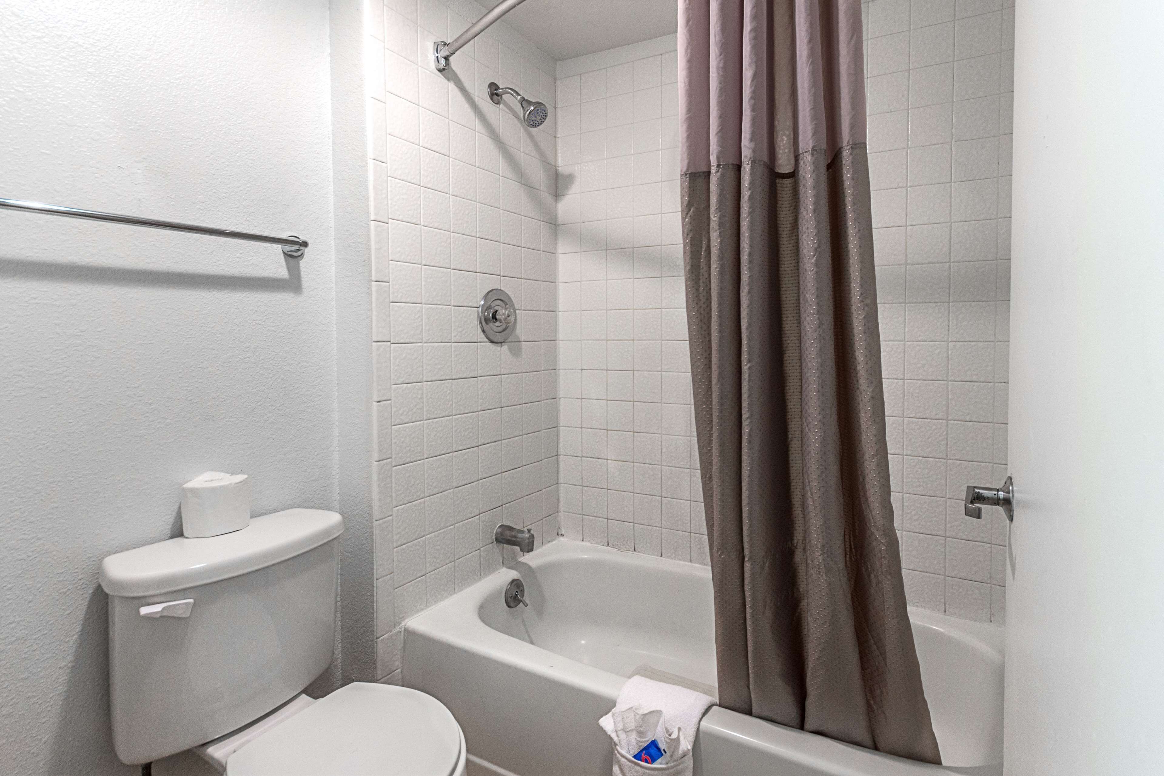 A bathroom with a toilet, bathtub, and shower curtain.