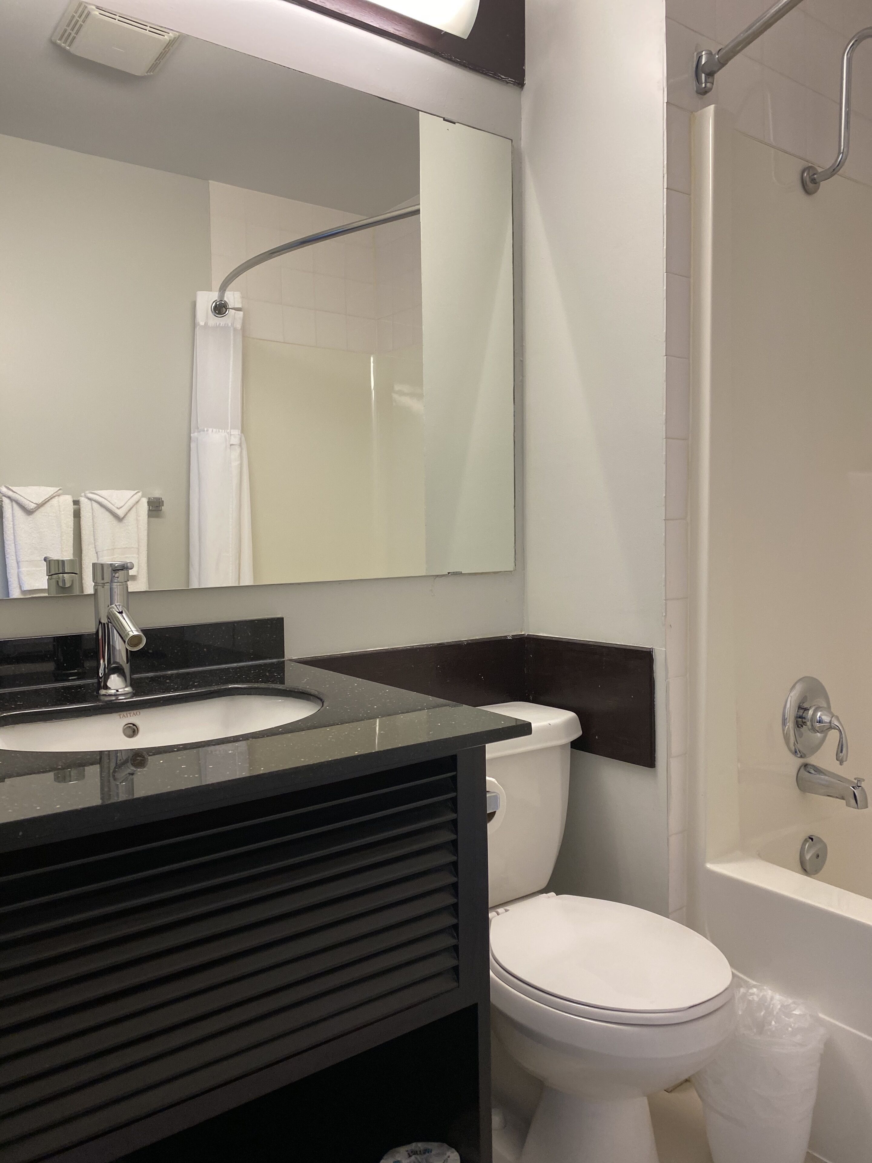 A modern bathroom with a black countertop sink, a white toilet, and a separate shower area.