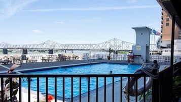 Seasonal outdoor pool, pool loungers