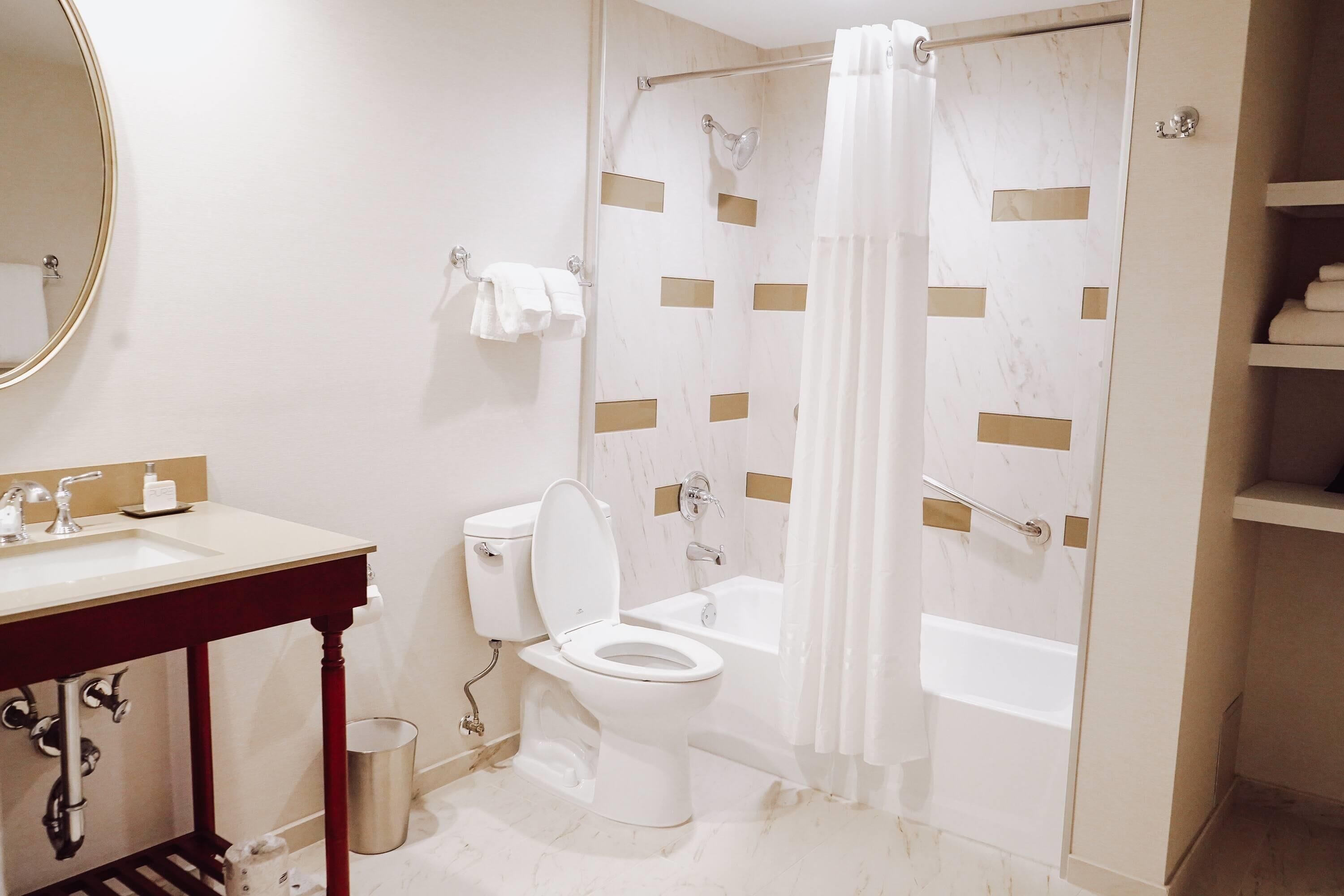 Une salle de bain avec des toilettes, un lavabo et une douche.