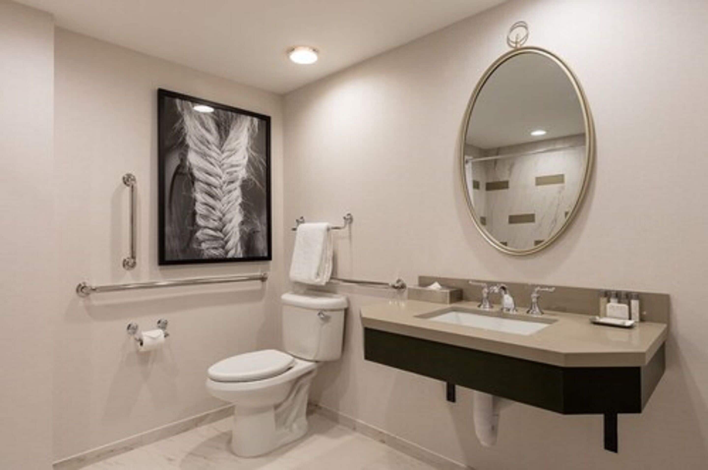 A modern bathroom with a toilet, sink, and mirror.