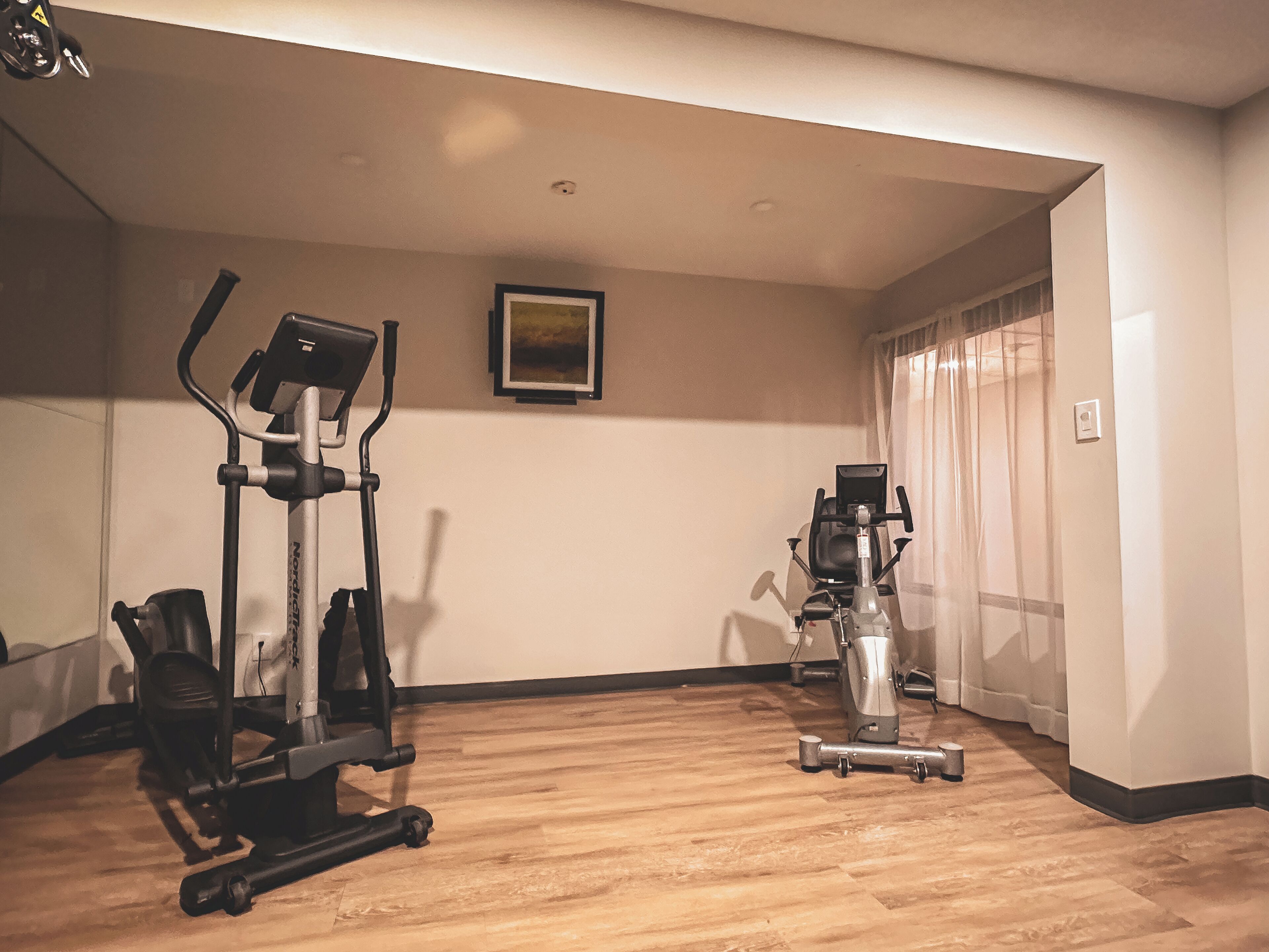 Ett gym med träningsutrustning, en målning på väggen och ett trägolv.