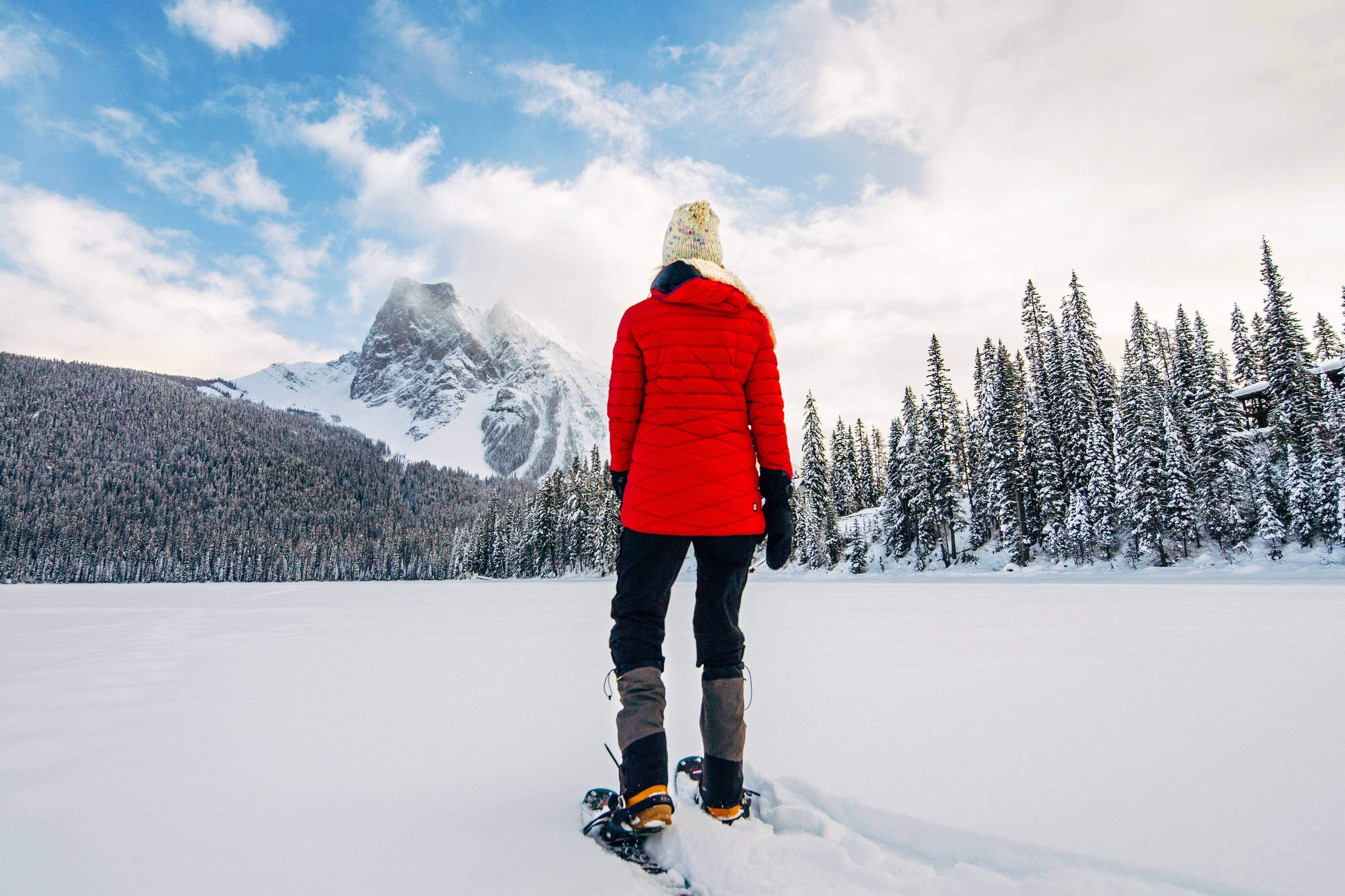 A person in a red jacket and winter gear standing on snowshoes in a snowy landscape with a mountain in the background.