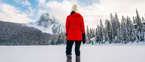 A person in a red jacket and winter gear standing on snowshoes in a snowy landscape with a mountain in the background.