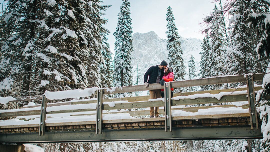 Un pont en bois aux garde-corps couverts de neige, entouré d’arbres chargés de neige et avec une chaîne de montagnes en arrière-plan.