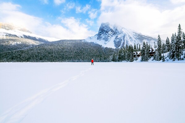 A snowy landscape with a person in red standing in the middle of a flat area, surrounded by snow-covered trees and mountains in the background.