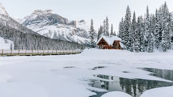 A cabin surrounded by snow-covered trees and mountains.