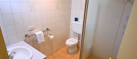 Een badkamer met een wit wastafel, toilet en douche.