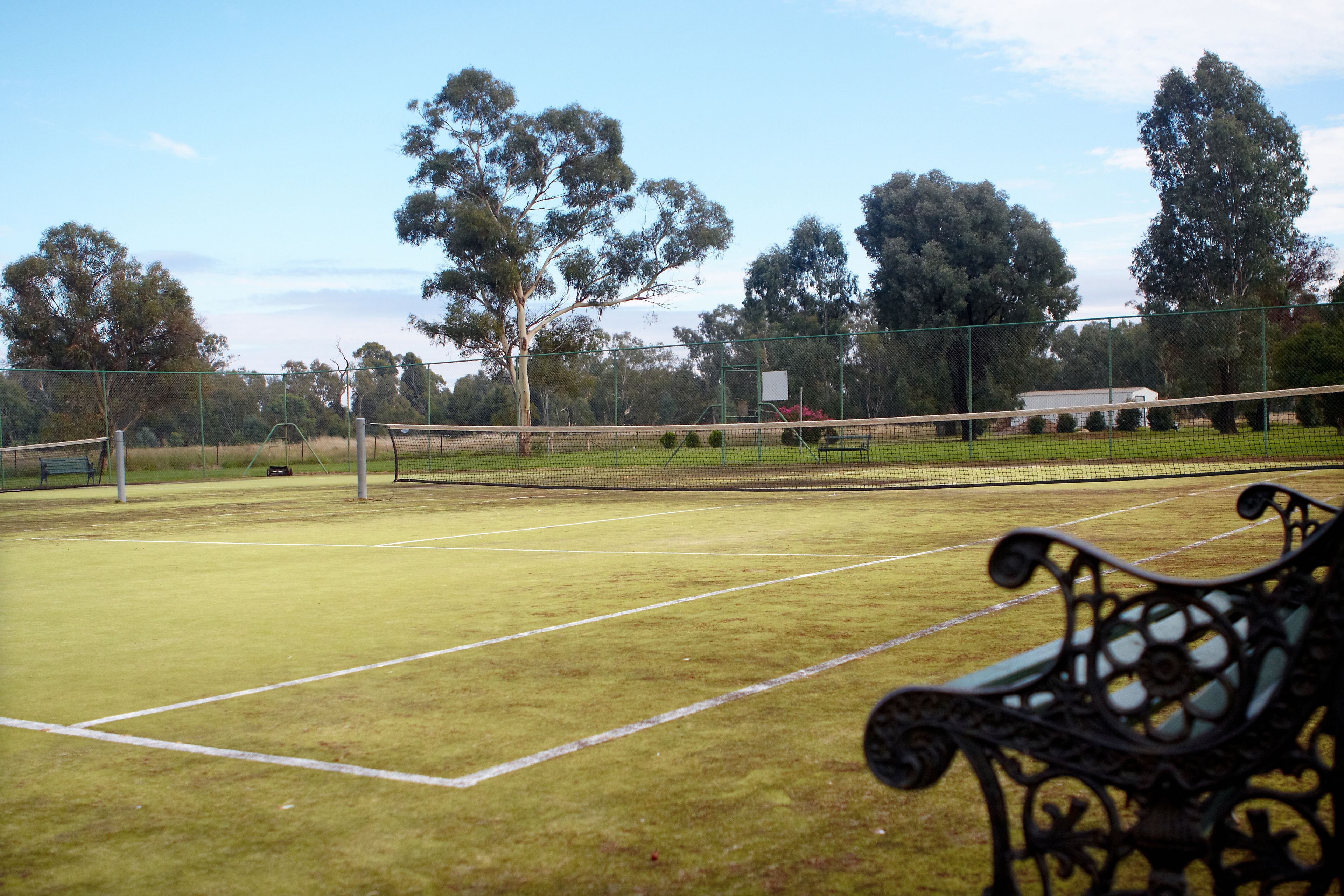 A tennis court with a net, surrounded by trees and a fence.