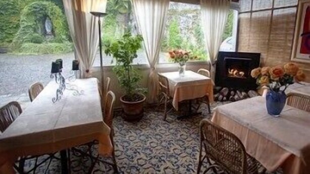 A cozy dining area with a fireplace, wooden tables, and chairs.
