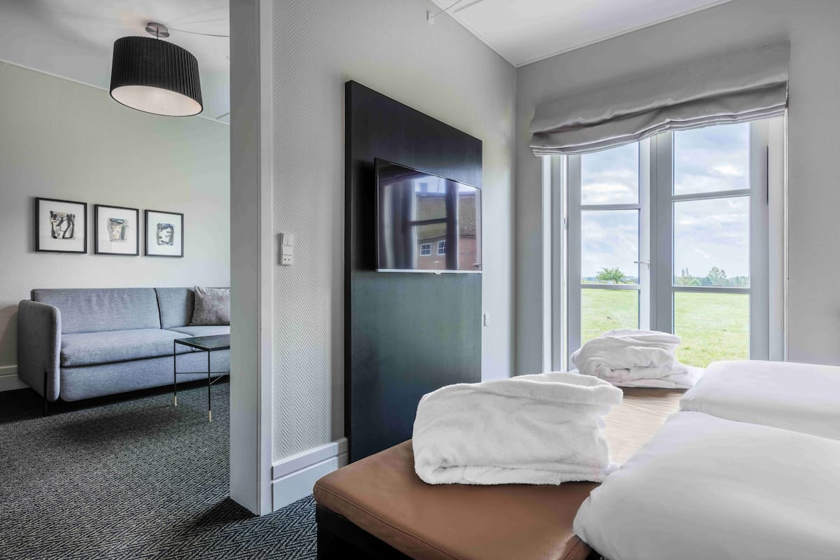 suite, 1 king bed with sofa bed, non smoking | hypo-allergenic bedding, desk, blackout curtains, cots/infant beds