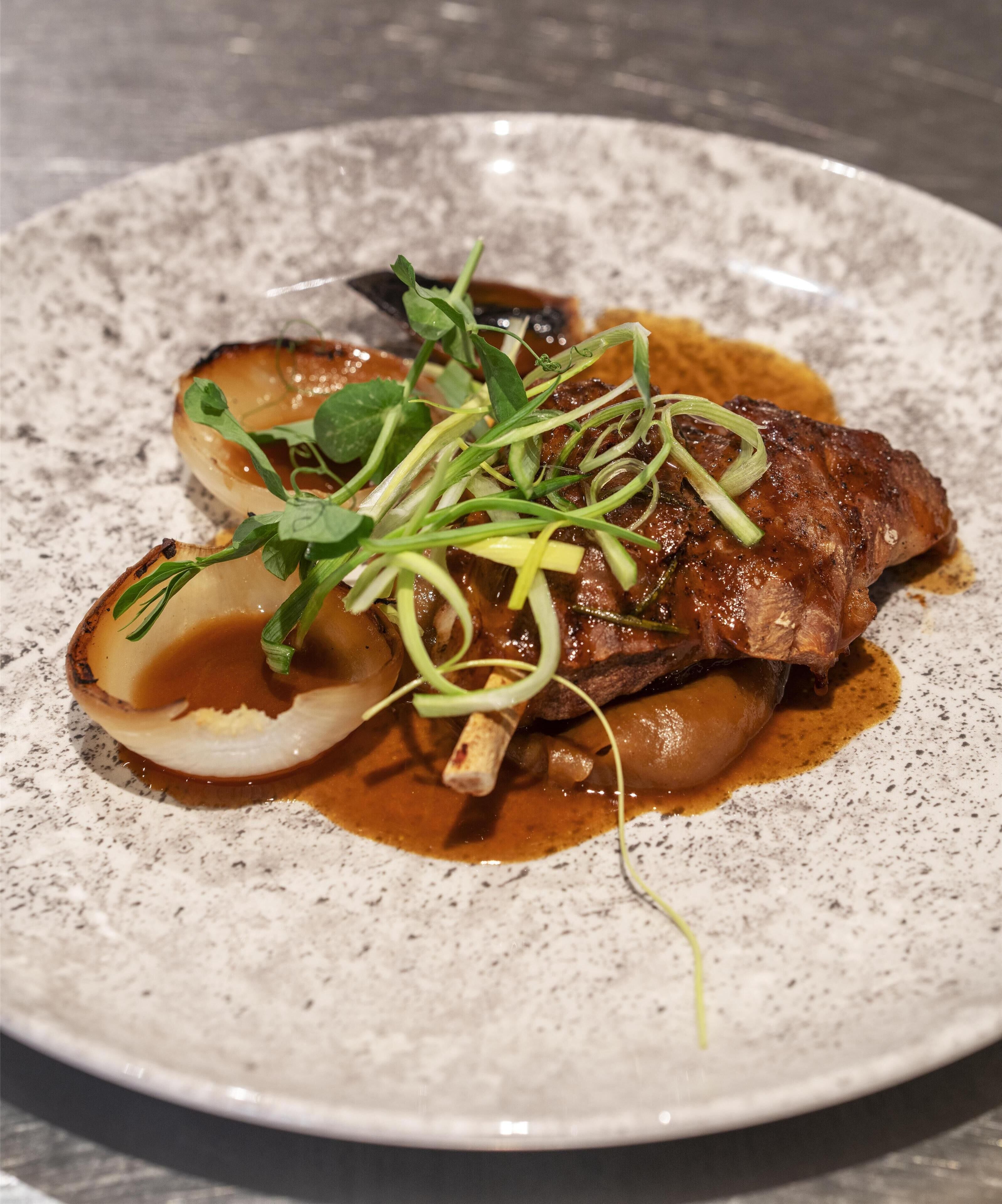 Une assiette contenant un plat de viande, vraisemblablement du bœuf, accompagné d’une sauce et garni d’herbes fraîches.